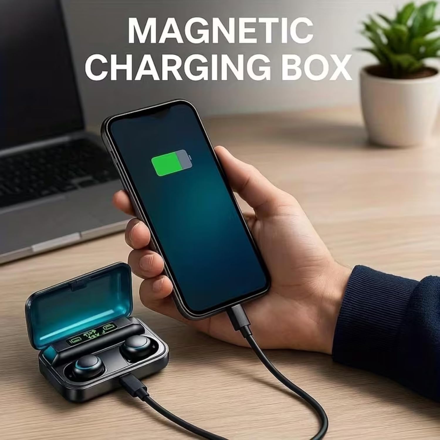 PAVUN Earbuds Charging Case connected to a phone via USB cable