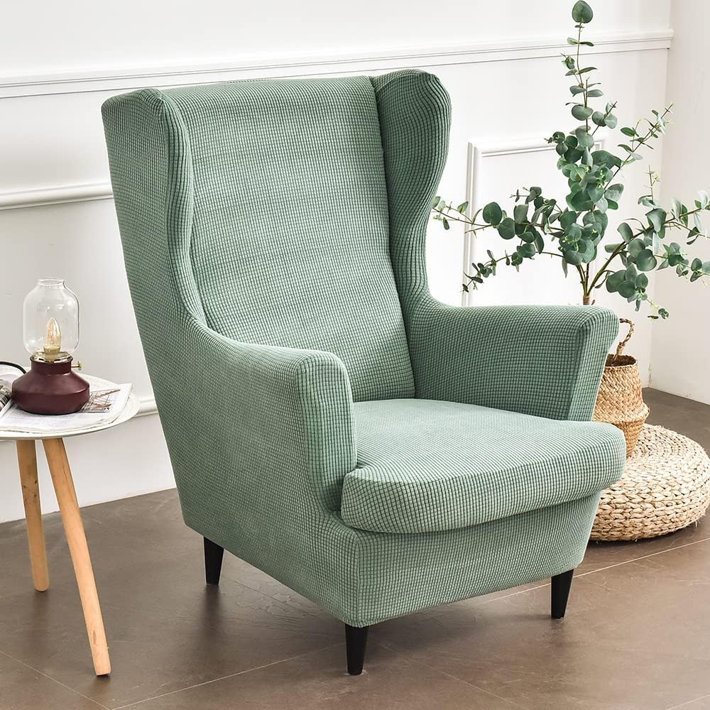 ABZDUNG 2-Piece Stretch Wingback Chair Slipcover, Solid Color Jacquard Thicken Strandmon 1 Seater Sofa Cover with Cushion Cover, Washable, for Living Room Bedroom(Verde Matcha)