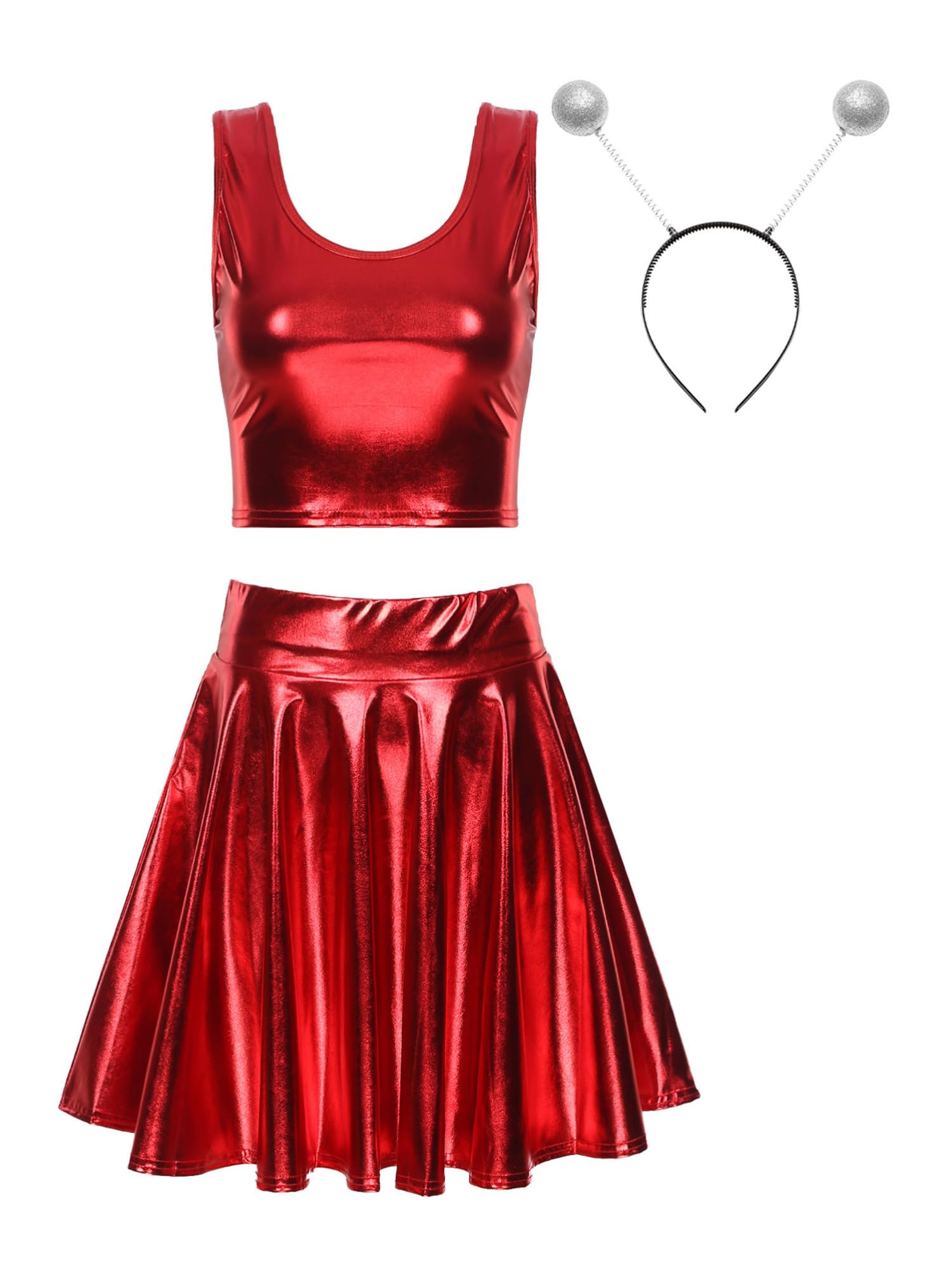 CHICTRY Tuta da Donna Lucida Metallizzata Crop Top Corto da Ballo Jazz Hip Hop + Gonna a Pieghe + Cerchietto per Cappelli Costume da Alieno per Carnevale Clubwear