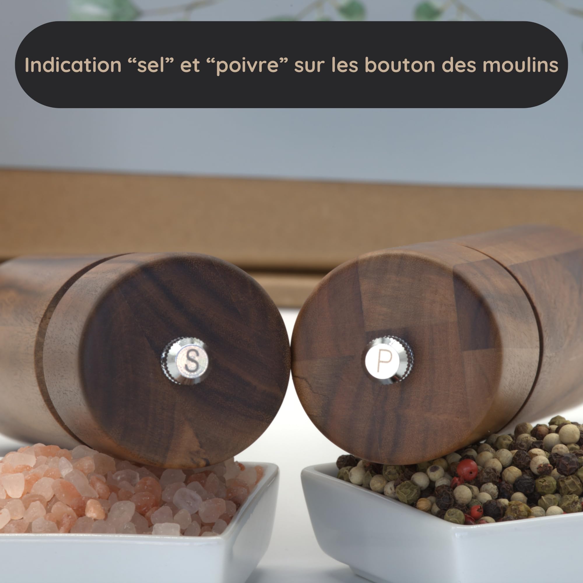 Moulin à Poivre Et Sel En Bois D'acacia Certifié FSC - Set Avec Support, Mouture Réglable, Boîte Cadeau - 8