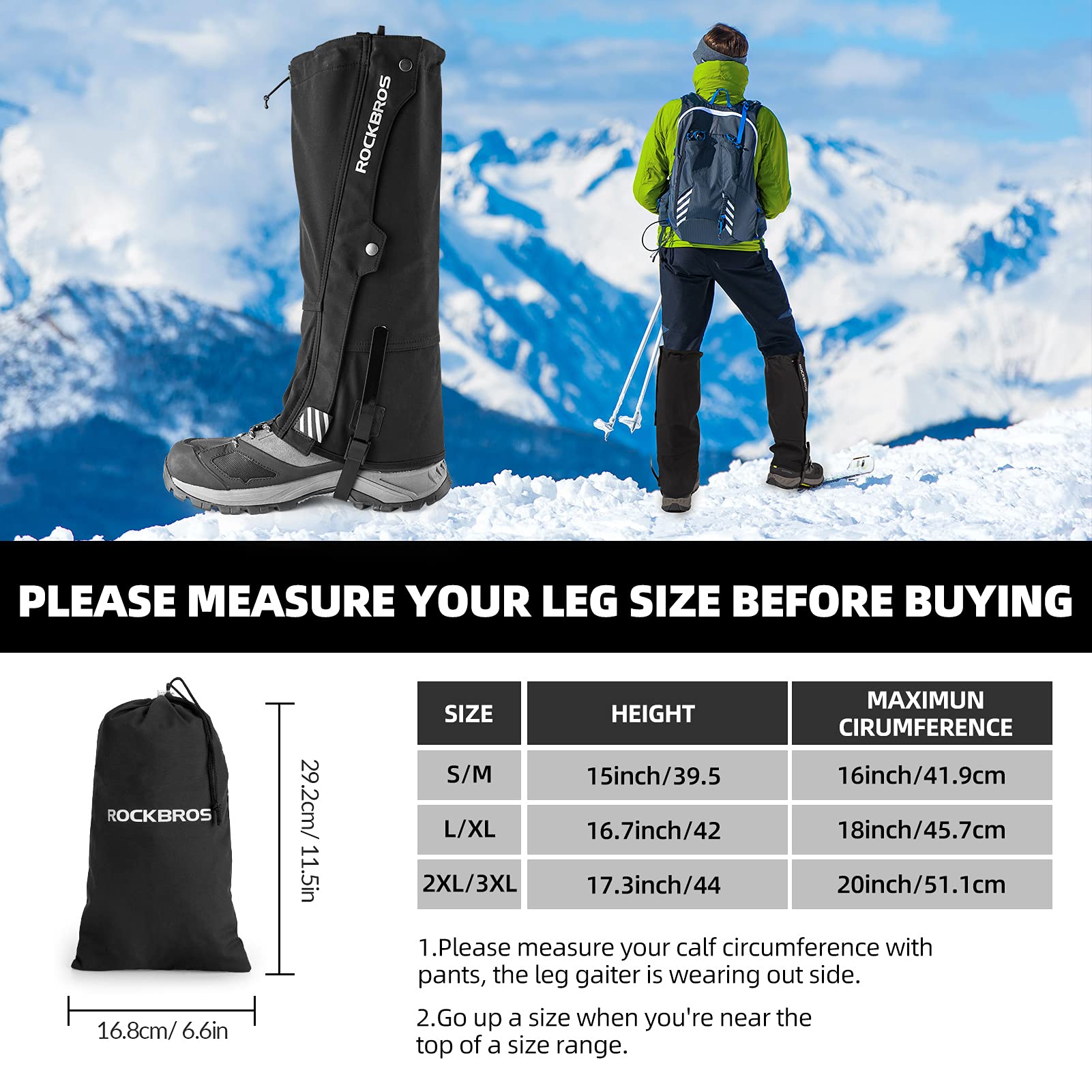 ROCKBROS Ghette Impermeabili Calde Outdoor da Sci, Attrezzatura da Sci, Gambali Antipioggia Anti-Neve per Escursionismo, Trekking, Correre, Alpinismo, Arrampicata Anti-Fango Invernale Unisex S-3XL