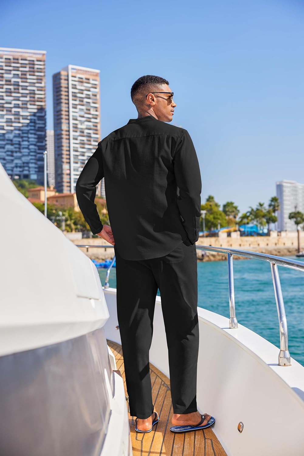 COOFANDY Men's 2 Piece Cotton Sets Casual Long Sleeve Cuban Henley Shirt and Loose Pants Set Beach Vacation Outfits - Image 4