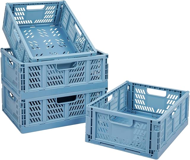 Tuevob Plastic Drawer Organizer Collapsible Storage Boxes Crate,4-Pack Stackable Folding Storage Basket Closet Containers Toy Organiser for Home Office Bedroom Kitchen Drawer Pull Out Under Bed-Blue