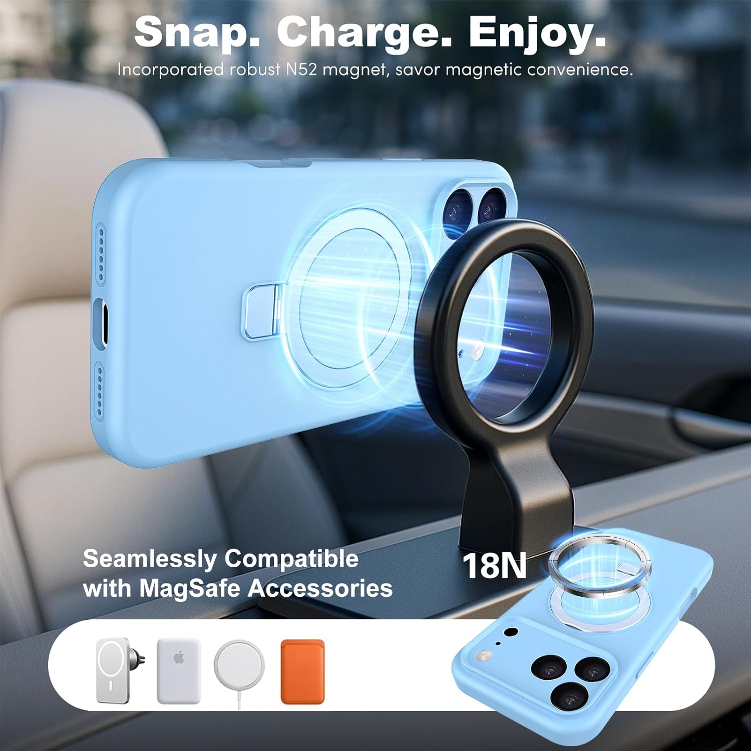 IYH Magnetic Case for iPhone 17 Pro Max 6.9" with Invisible Stand [16FT Military Protection] Liquid Silicone Cover, Light Blue