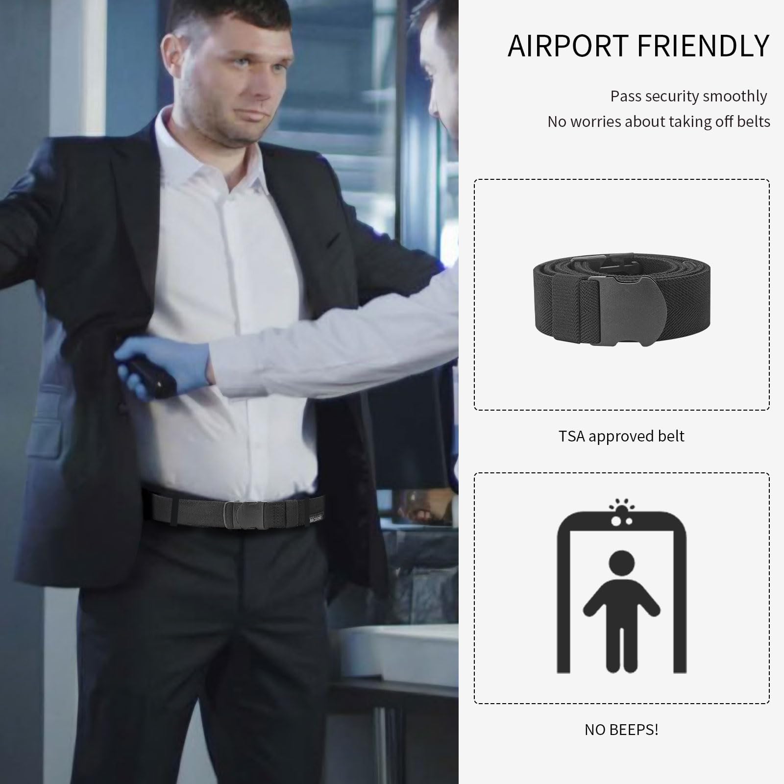 MACBORO Mens Belts Stretchable Stretch Elastic Belt Nickel Free Tsa Approved Plastic Non Metal Hypoallergenic Metal Free Belts Men Black