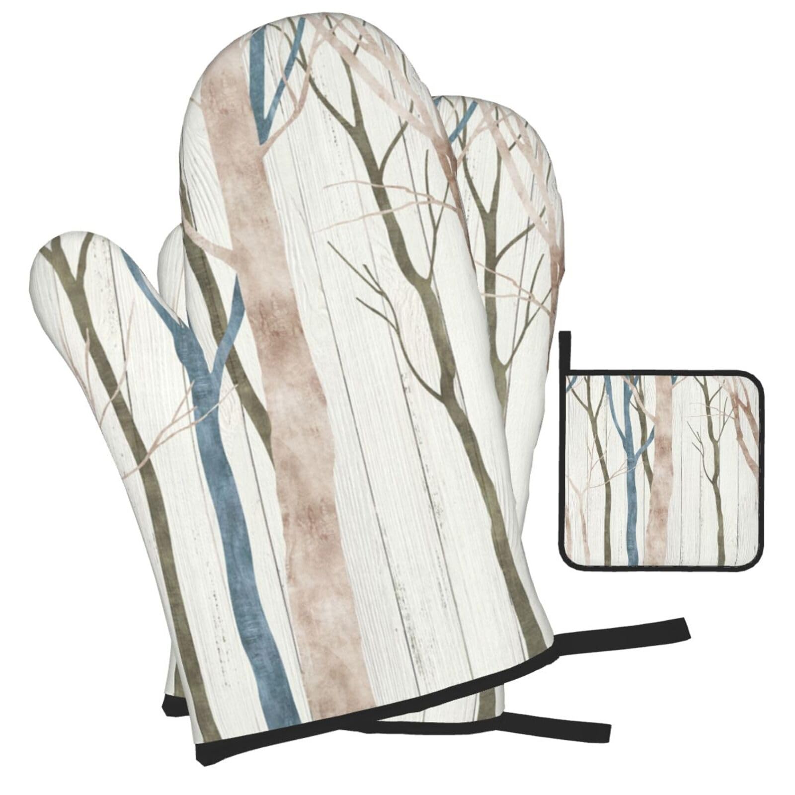 Birch Camouflage Printed Oven Mitts and Pot Holders Heat Resistant Set of 3 Pcs, Modern Kitchen Gloves & Potholders for Cooking Baking Grilling