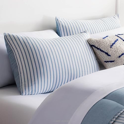 Vista 18 de LINENSPA - Edredón de microfibra hipoalergénico, con relleno sintético, para usar todo el año, tamaño California King, blanco/azul marino Cuadros