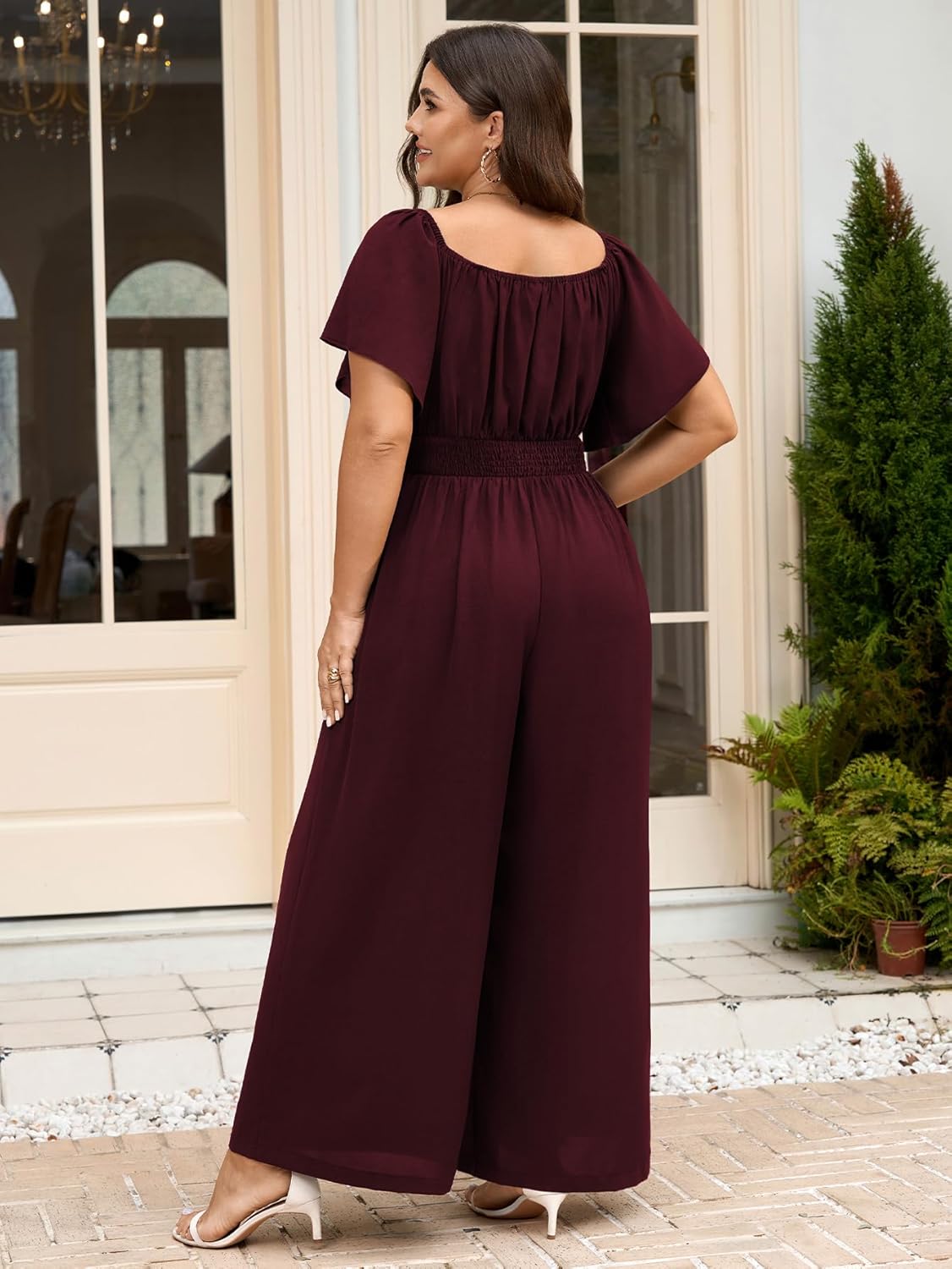 SCOMCHIC Women's Plus Size Jumpsuits Square Neck Dressy Casual Wide Leg Long Pant Romper One Piece Outfits With Pockets