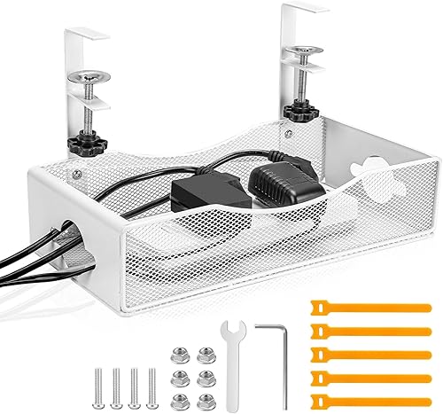 Miniatura 7 de Bandeja de organización de cables extra ancha para debajo del escritorio, caja organizadora de cables resistente, instalación sin taladro, sostiene