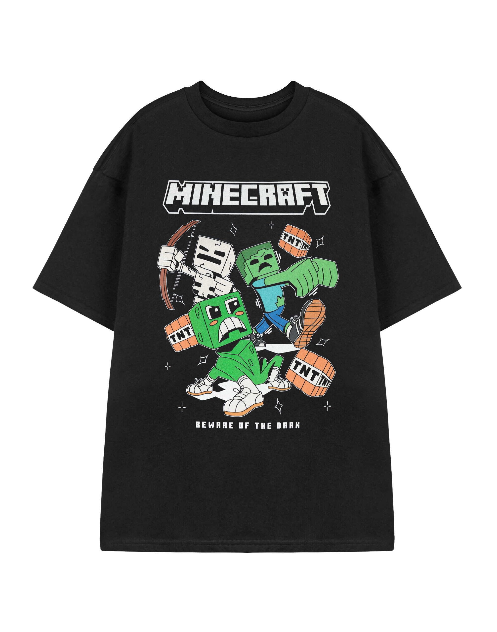 Minecraft Beware of the Dark TNT Mens Black Graphic Tee | Classic Crew Neck Game Character Tshirt | Plain Short Sleeve Pull On Casual Wear Top