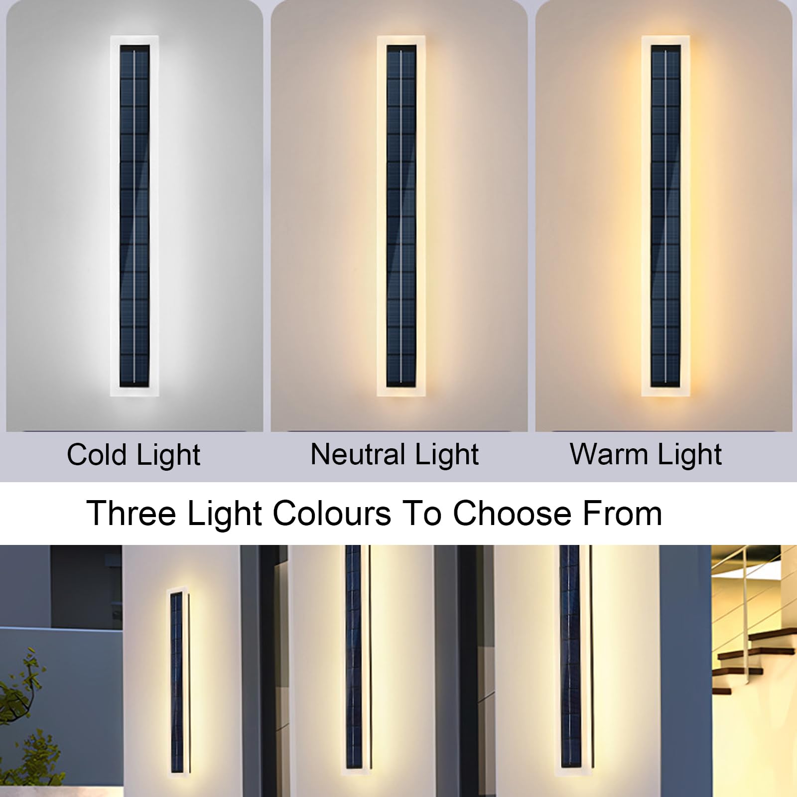 Außen Solar Wandleuchte Kabellos LED Lang Solarlampen Wasserdicht IP65 Schwarz Rechteckig Solarbetrieben Wandleuchter Modernes Acryl Wandbeleuchtung Hof Villa Eingangstür (Warm Light,100CM)