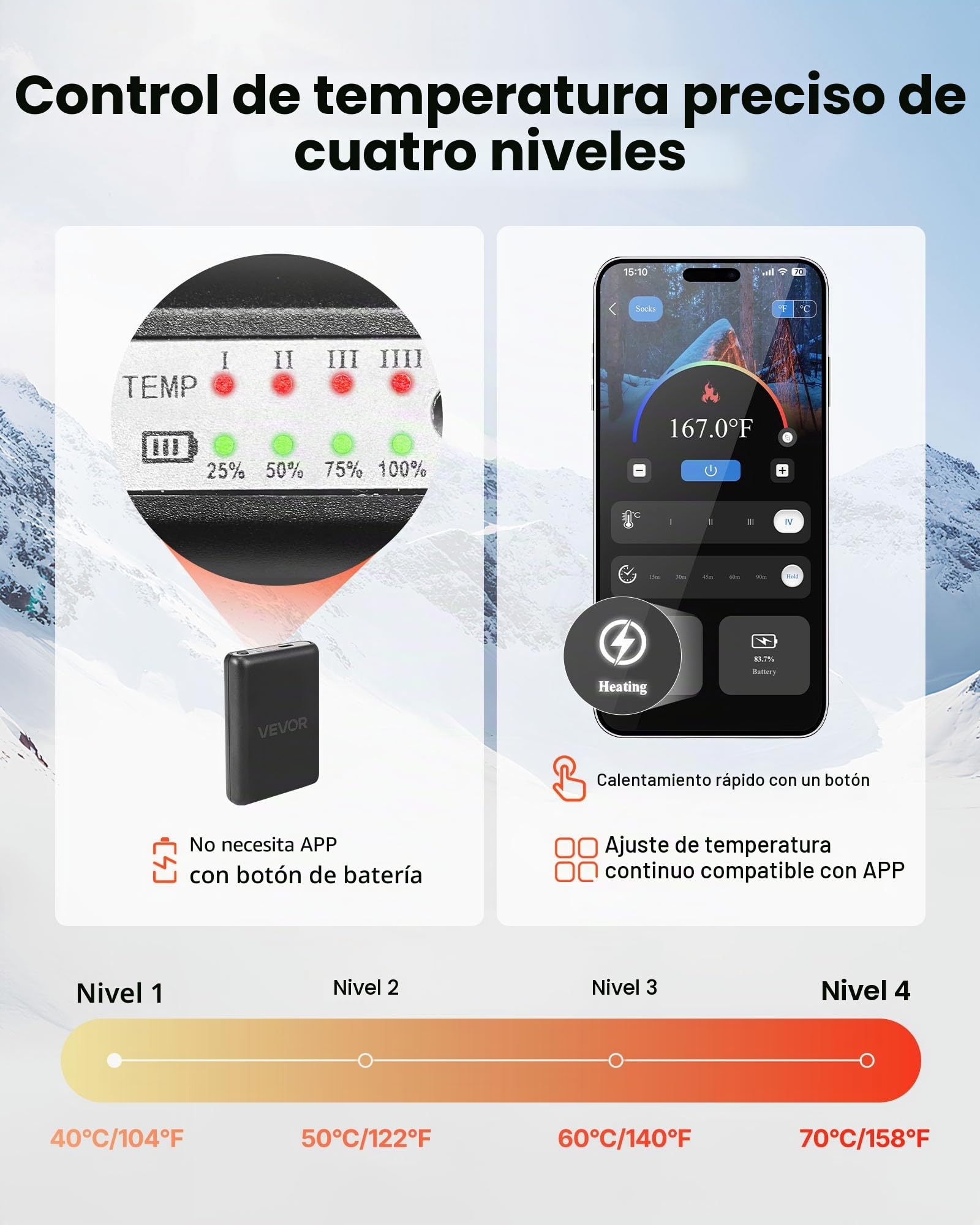 VEVOR Calcetines calefactados, batería de 5000 mAh, recargable, con 4 niveles de calefacción, calcetines eléctricos con control de aplicación para hombres y mujeres, calentador de pies para caza