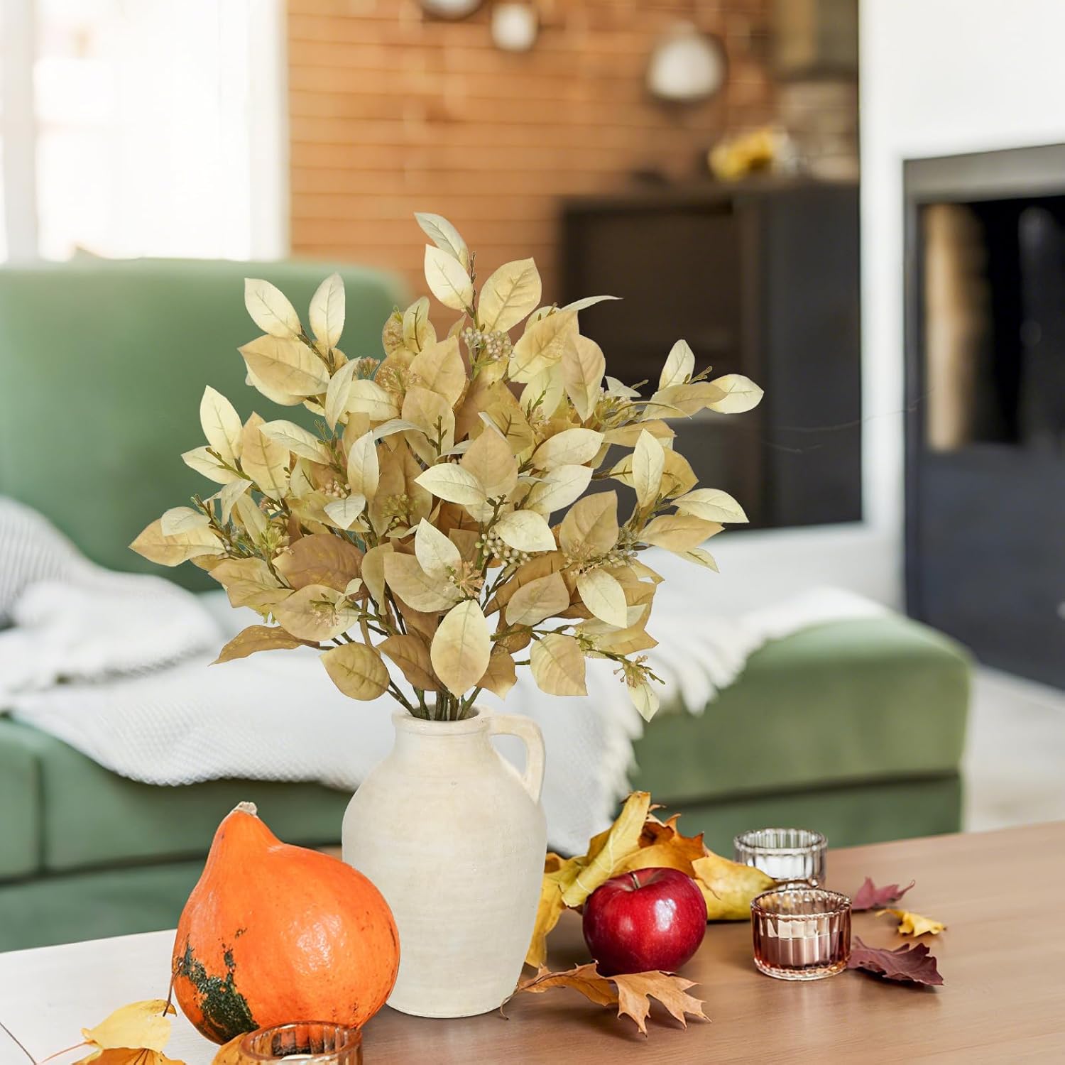 18" Artificial Fall Eonymus Leaves Bundles with Flower Seeds Branches for Autumn Decor, Fake Leaves Bunches with Stems for Wedding Party Centerpieces, Floral Arrangements, Yellow & Set of 3 - Image 7