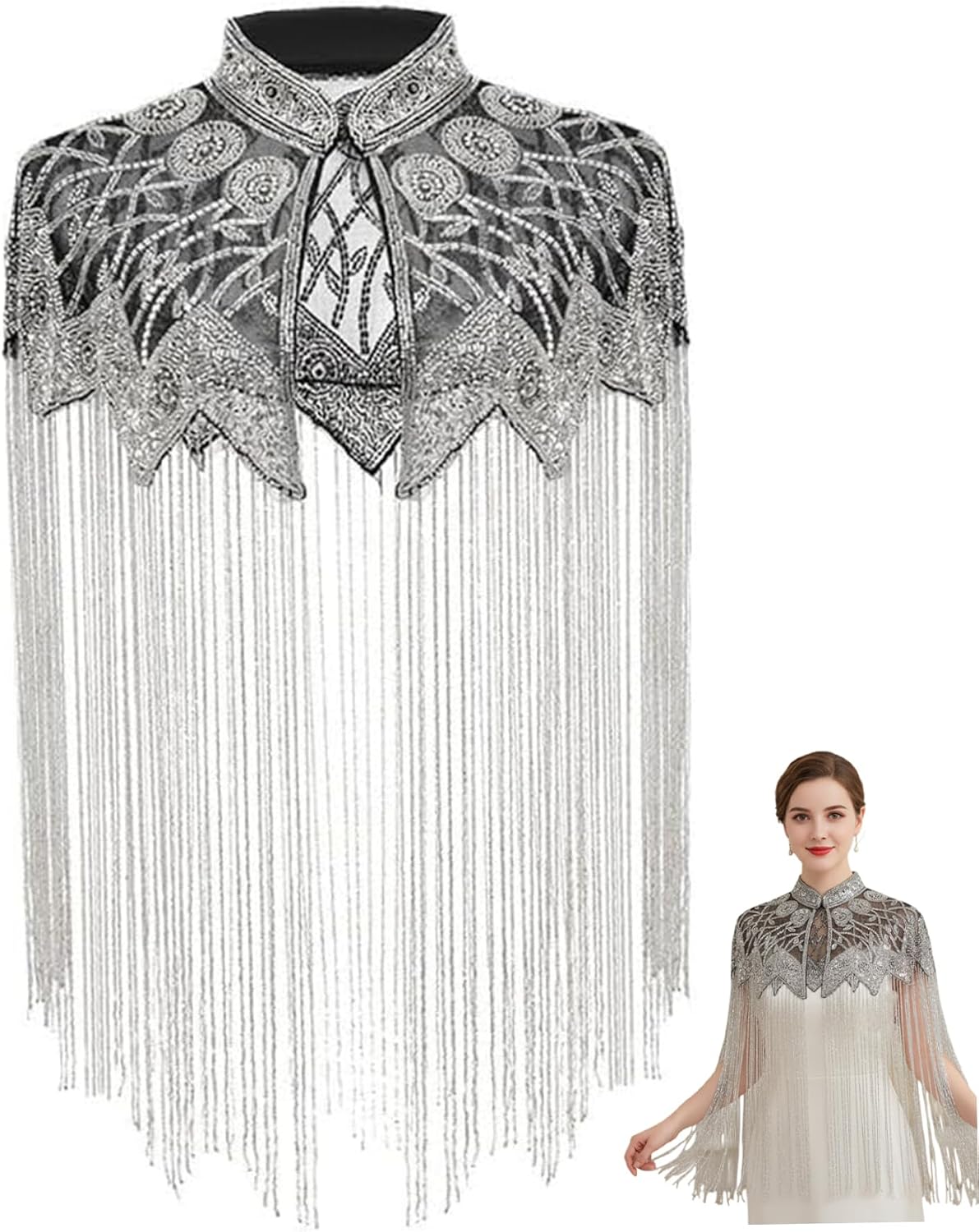 Beaded Shawl Vintage Fringe Sequin Shawl 1920s Outfits for Women Flapper Wrap for Wedding Reception & Special Events