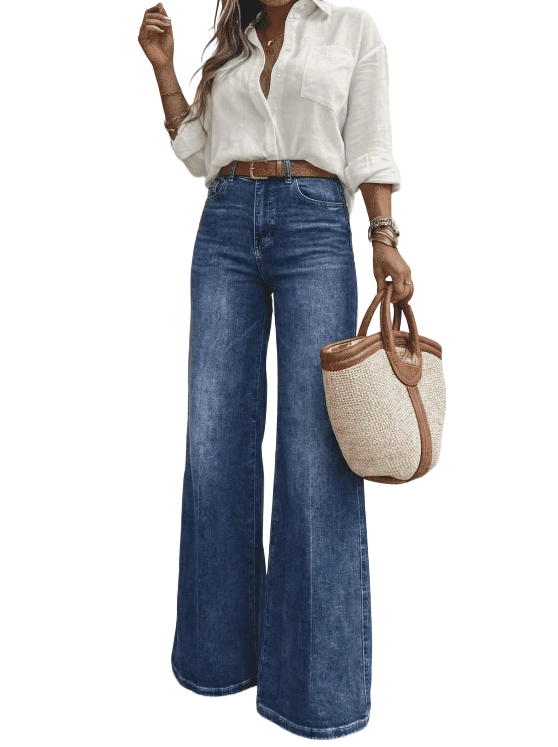 Women's High Waisted Wide Leg Jeans Classic 5-Pocket Dark Wash Long Bootcut Denim Pants for Casual Office Work — Classic Blue by Amazon