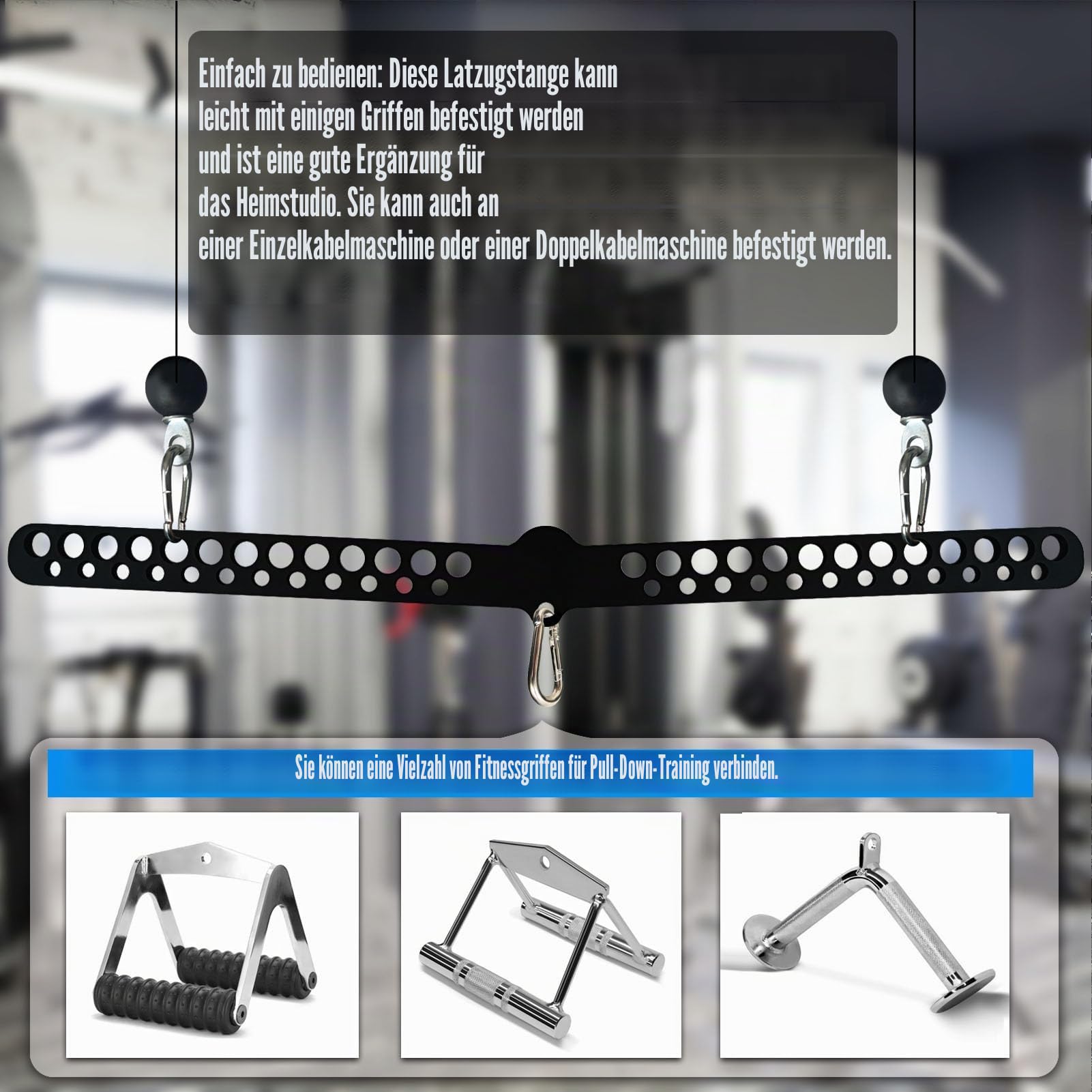 Multi-Grip LAT Pull Down Bar für Home Gym Fitness, Spreizplatte LAT Pulldown Aufsätze für Pulley System Kabelmaschine, Doppel- bis Einzelkabel Befestigung Übungsgriff