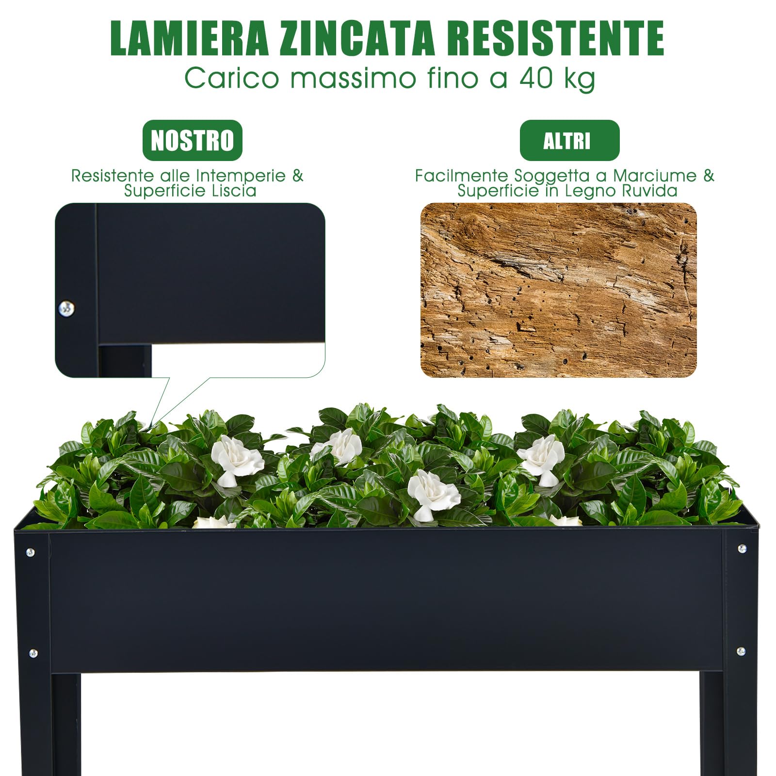 RELAX4LIFE Fioriera da Esterno, Orto Rialzato da Esterno in Metallo con Fori di Drenaggio, Fioriera per Balcone, Giardino, Cortile, per Verdure, Fiori, Erbe, Frutta (100 x 30 x 80 cm, Nero)