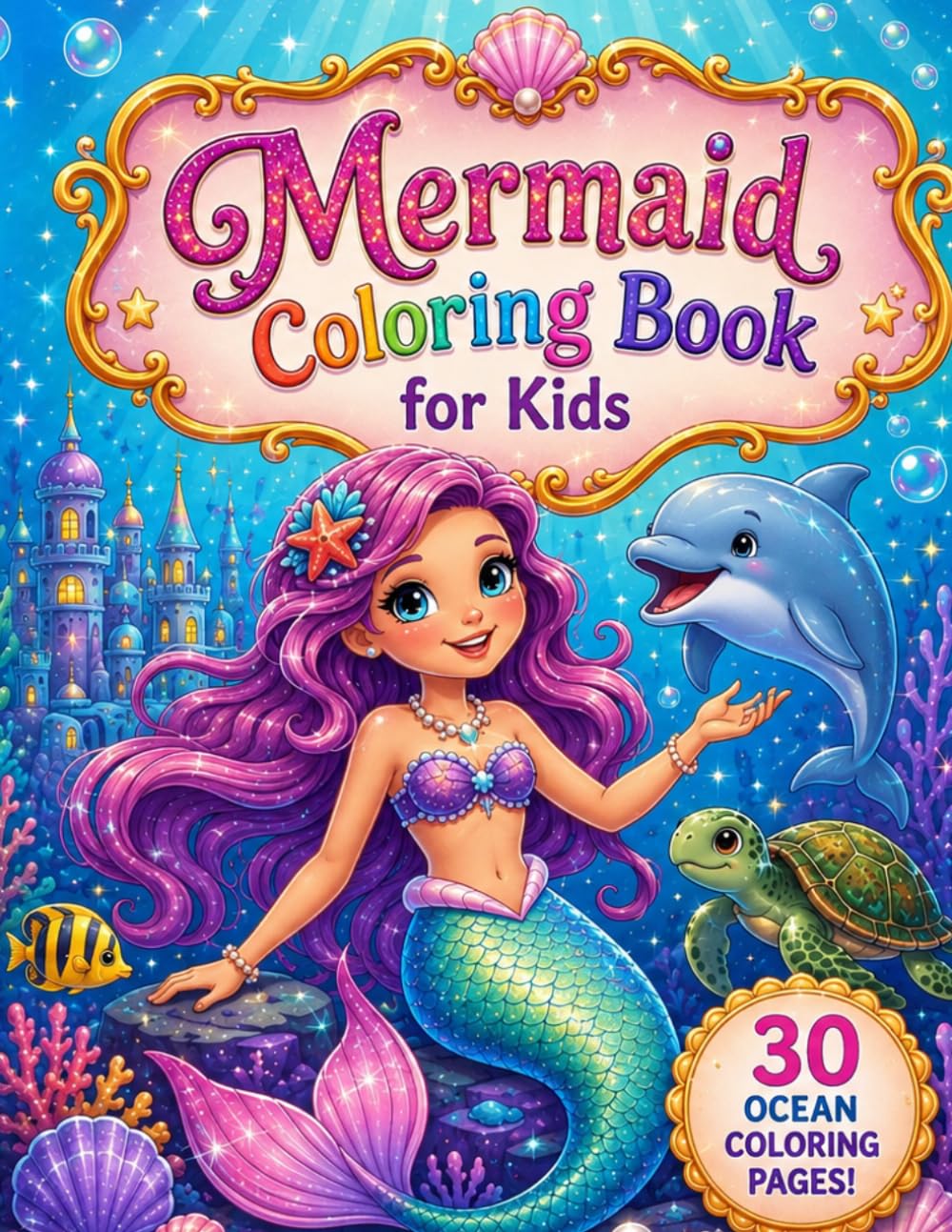 Mermaid Coloring Book For Kids: 30 Easy and Fun Coloring Pages Featuring Cute Mermaids, Dolphins, Sea Turtles, Seahorses, Seashells, and Magical Underwater Adventures