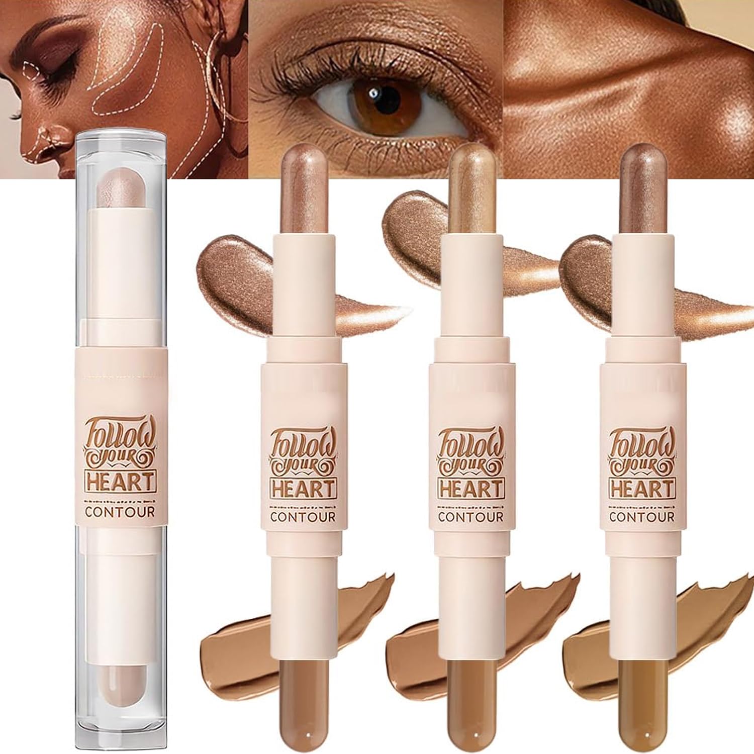 3 Colors Highlight and Contour Stick, Dual-Ended Full Coverage Wonder Stick, Color Corrector Concealer Stick, Contouring Highlighting Foundation, Shadow Cream Pen Body Shading Makeup Stick Set