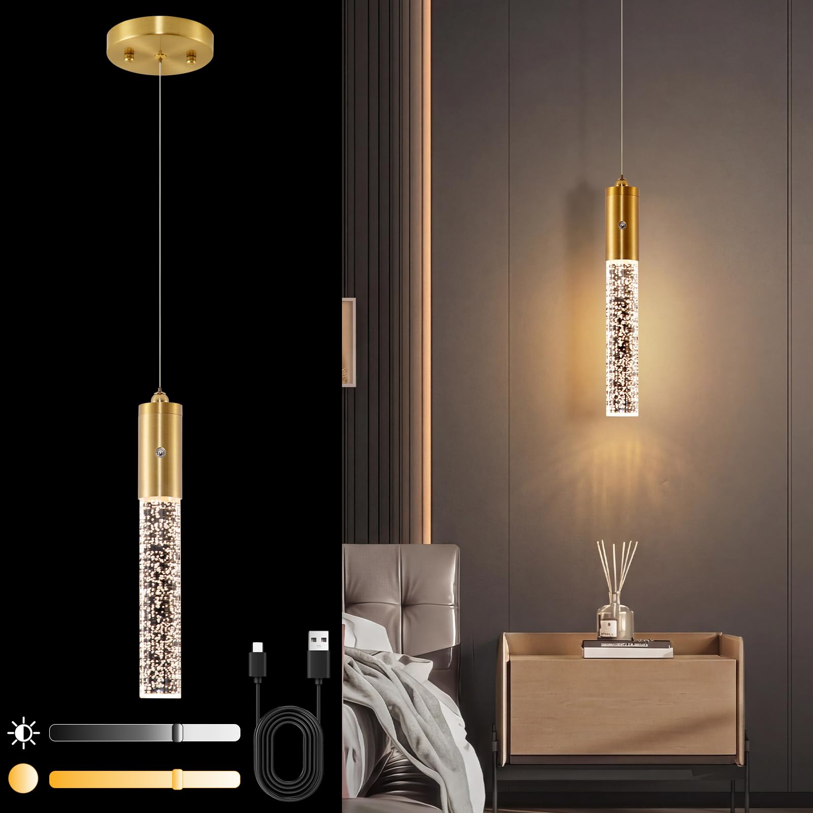 Akku Pendelleuchte Gold Kristall LED Hängelampe mit Batterie,7500mAh LED Hängeleuchte Touch Dimmbar 3 Farben,Höhenverstellbar, Zylinder Pendelleuchte Batteriebetriebene für Nachttisch Schlafzimmer