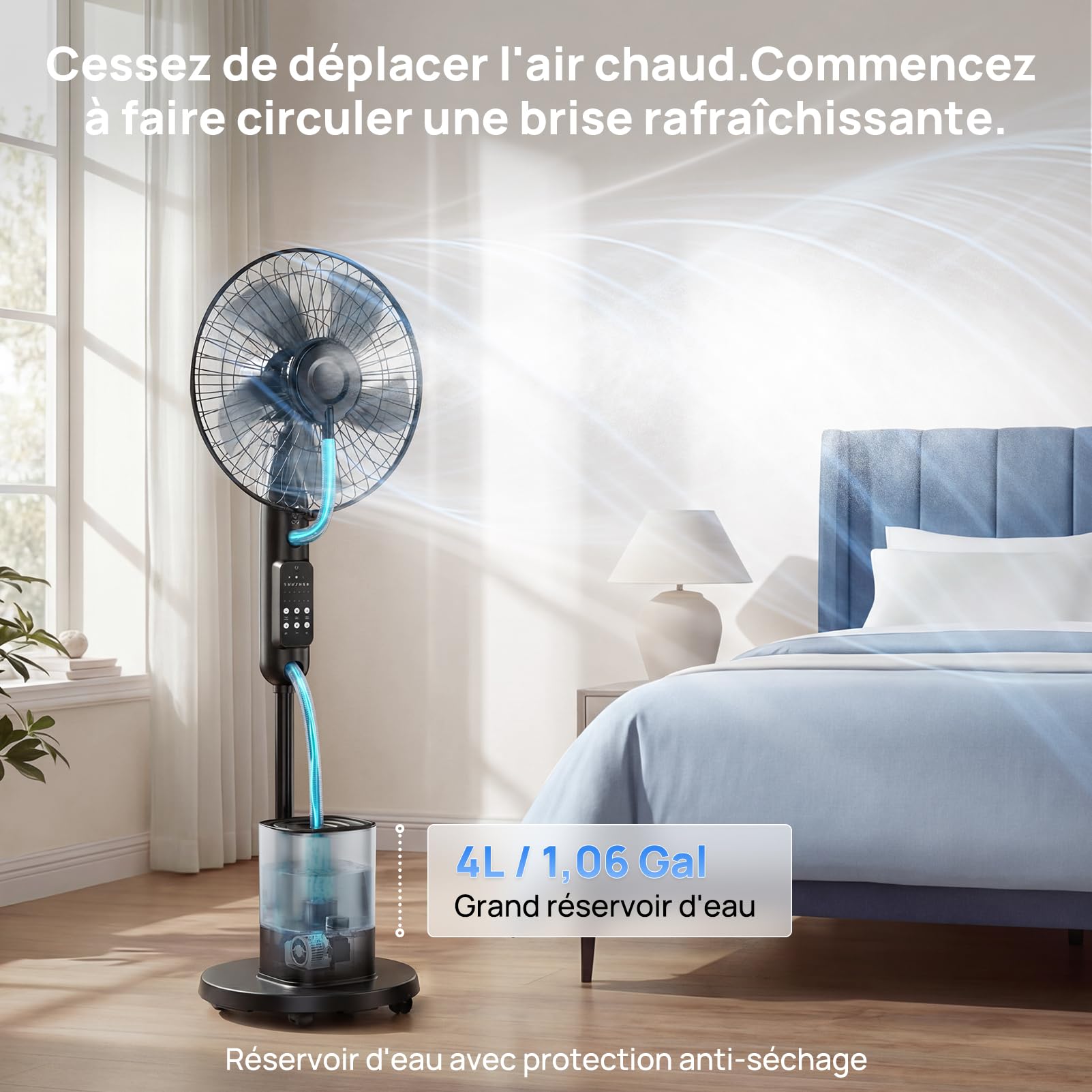 NebulaFlow Ventilateur Brumisateur, 2026 Amélioré Réservoir 4L, 7,5H Ventilateur sur pied, Minuterie, 5 vitesses 3 modes, Ventilateur oscillant avec télécommande pour maison, chambre, bureau, terrasse