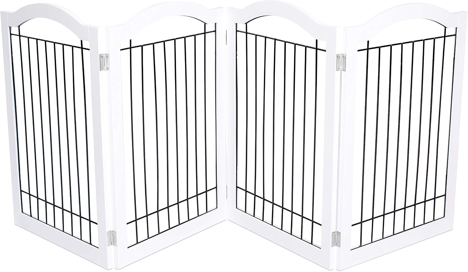 Internet's Best Arched Top Wire Dog Gate for The Home, Doorway, Stairs | 4 Panel | 30in H x 80in W | Medium, Large Dogs, Puppies, Cat | Free Standing | Indoor Folding Pet Barrier | Wooden MDF | White