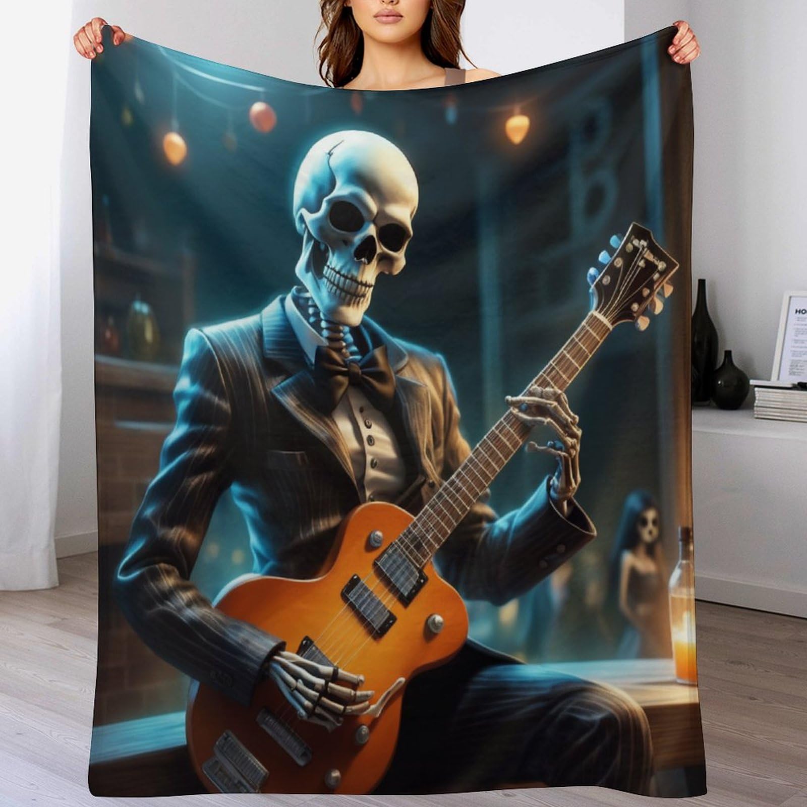 Couverture Polaire Guitare Skeleton Man en Flannel Douce 130x150 cm
