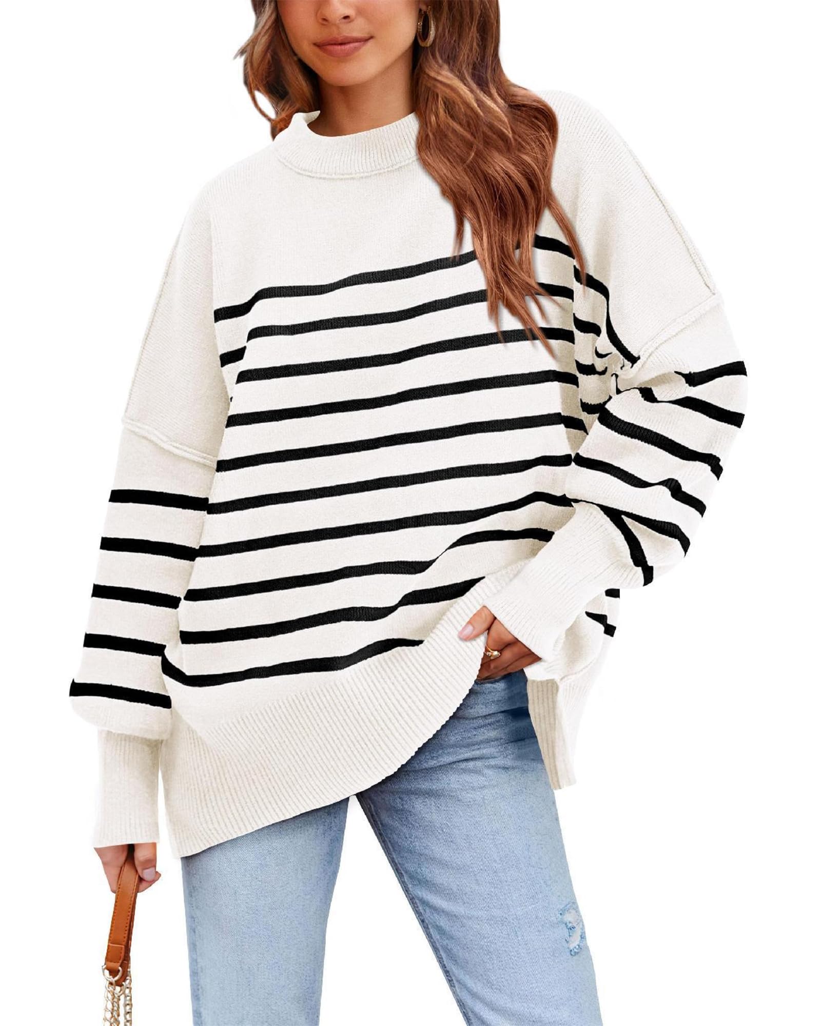 PRETTYGARDEN Womens Oversized Sweater 2025 Casual Fall Outfits Crewneck Long Sleeve Side Slit Chunky Knit Pullover Tops