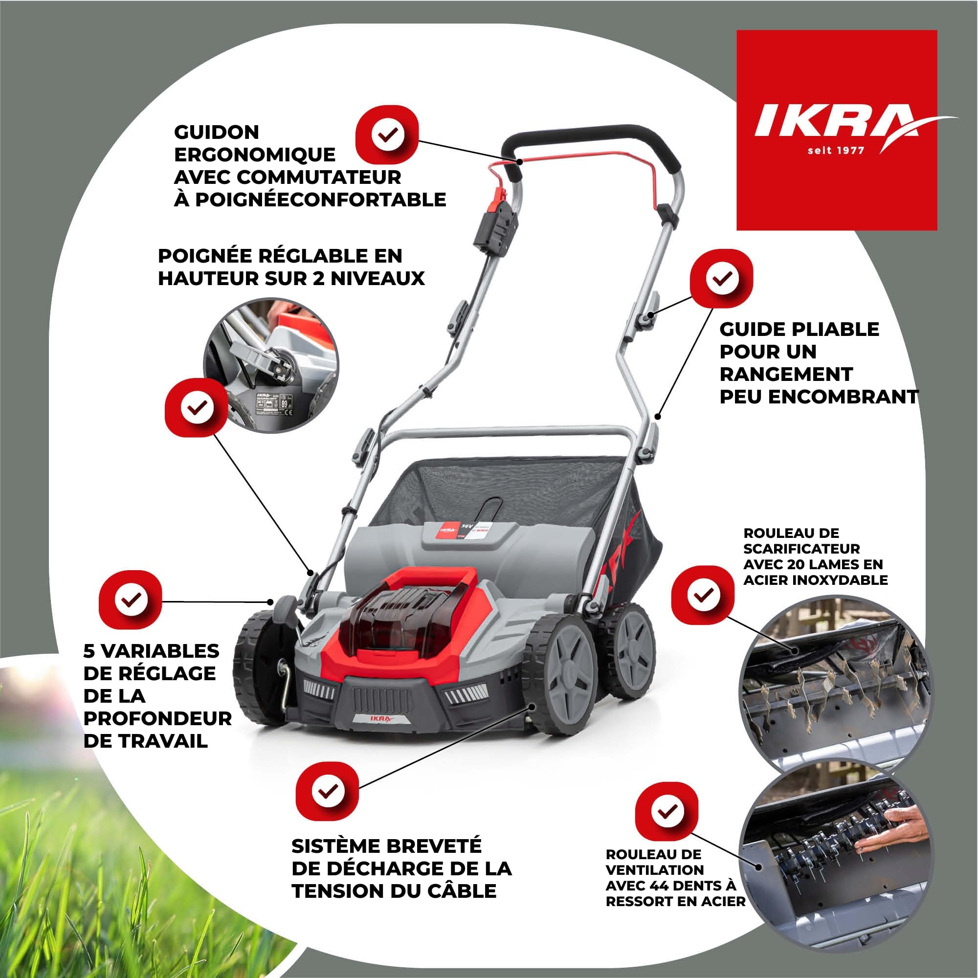 IKRA scarificateur-aérateur IB-SR 36, sans batterie 36 V ni chargeur | Compatible avec Bosch, bac de ramassage 45 l, largeur 36 cm, hauteur de coupe de -12 à +10 mm, poignée réglable en hauteur