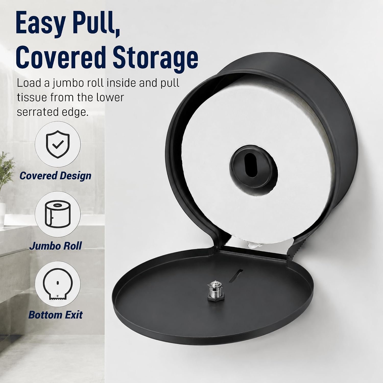 Commercial Lockable Jumbo Toilet Paper/Tissue Dispenser Holder | Fits rolls up to 9 in, Wall Mount Holder for Restrooms, Offices, Restaurants, Schools, Hospital, Stainless Steel, Black