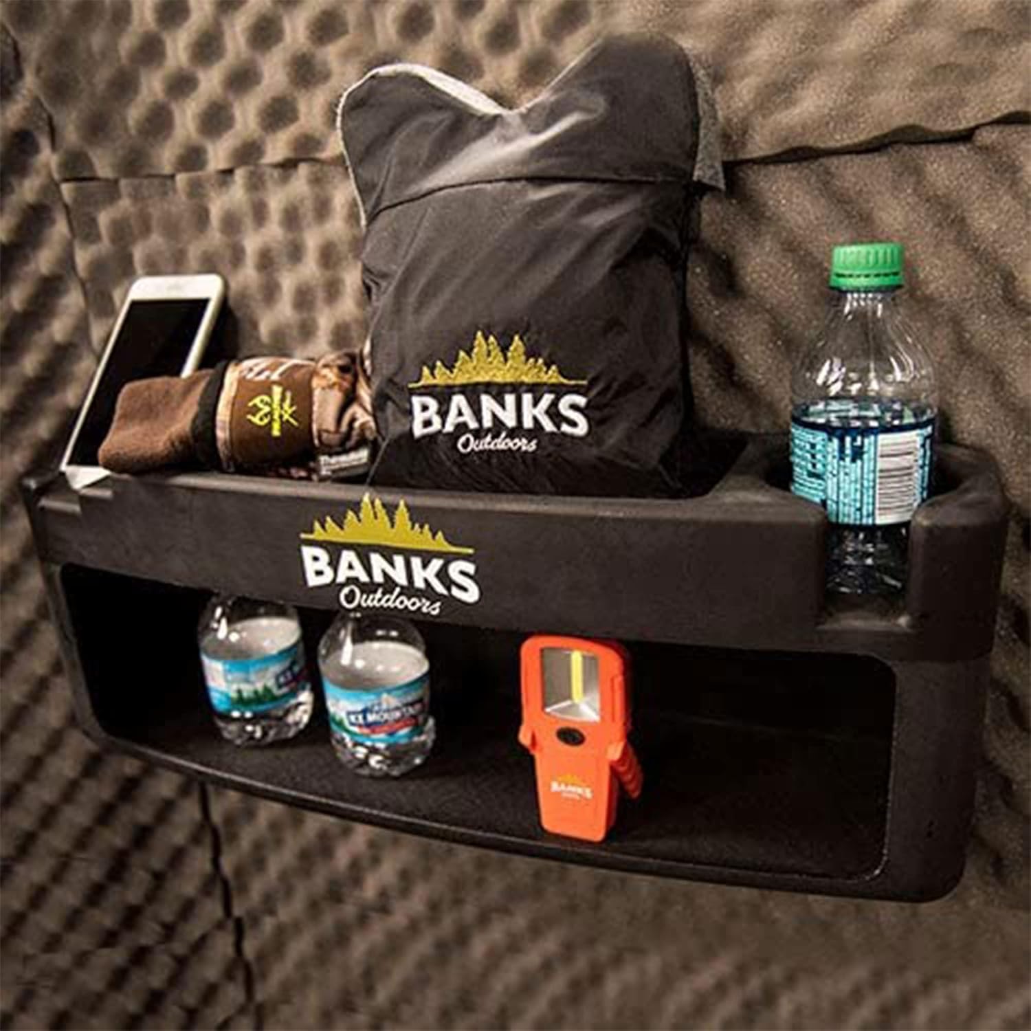 Banks Outdoors Blind Storage Wall Shelf with Rubber Lined Shelves and Stump Light for Banks Stump Blind, Hunting Gear, and Personal Belongings