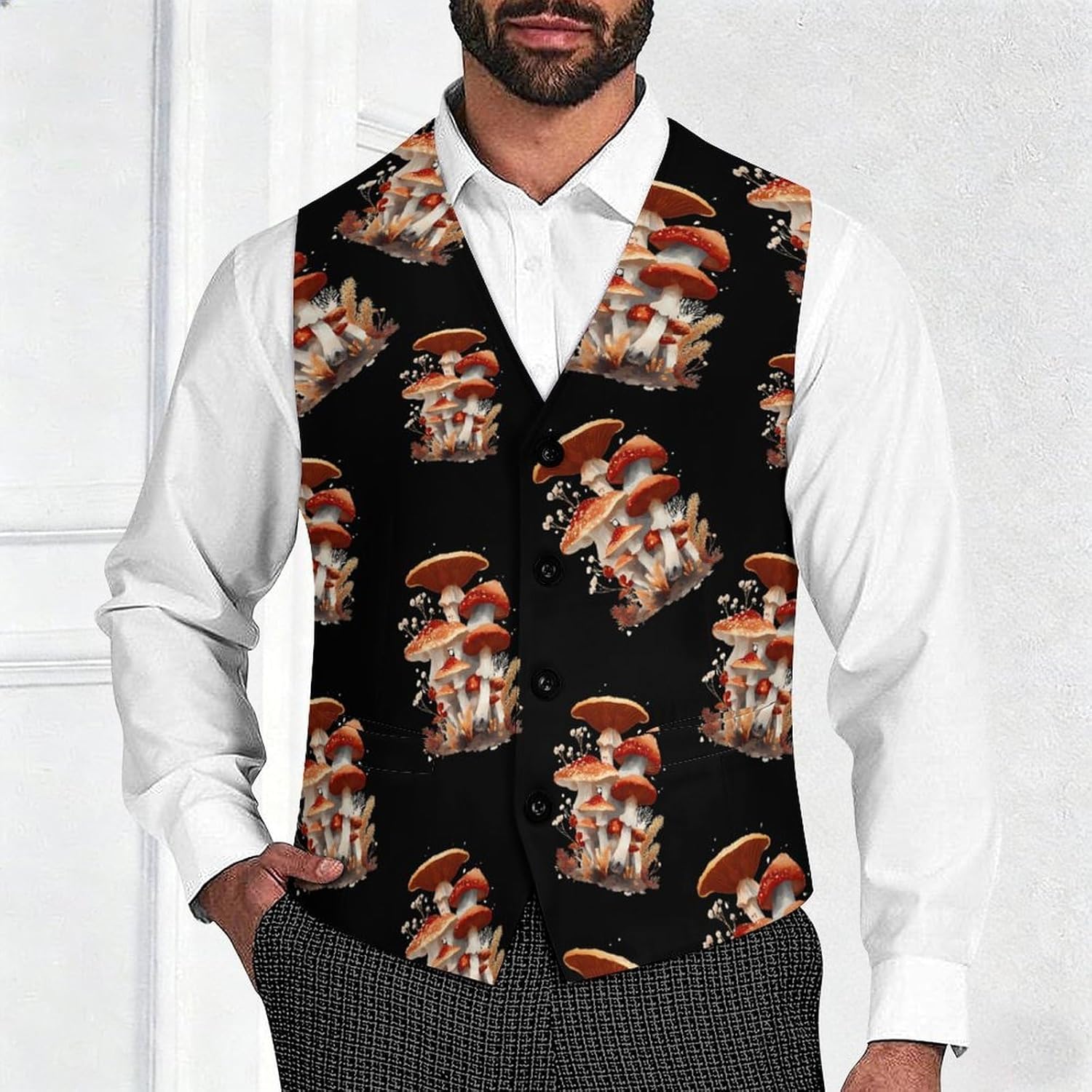 Woodland Mushrooms Casual Suit Vest for Men Tuxedo Waistcoat Formal Business Dress