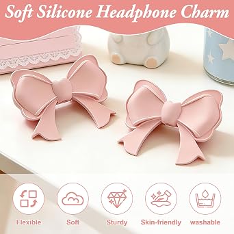 Dexspoeny 2 Pcs Pink Bow Decor Headphone Accessories, 3D Cute Bows Decor for Headphones, Adjustable Silicone Earphone Decorations, Coquettish Earphone Attachment Accessories for Gamers Women Girls