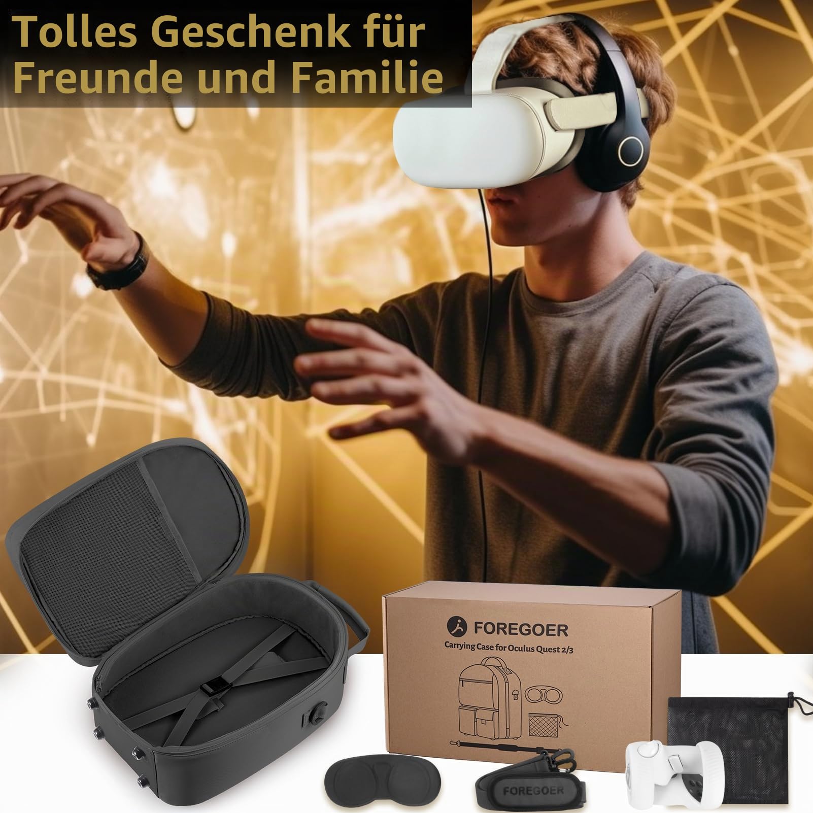 FOREGOER Groß Tragetasche für Meta Quest 3/Quest 3S/Oculus Quest 2 mit Elite Strap, Touch Controllern und anderem VR Zubehör, Harte Case für Oculus Quest 3 Zubehör, VR All-in-One Gaming Headset