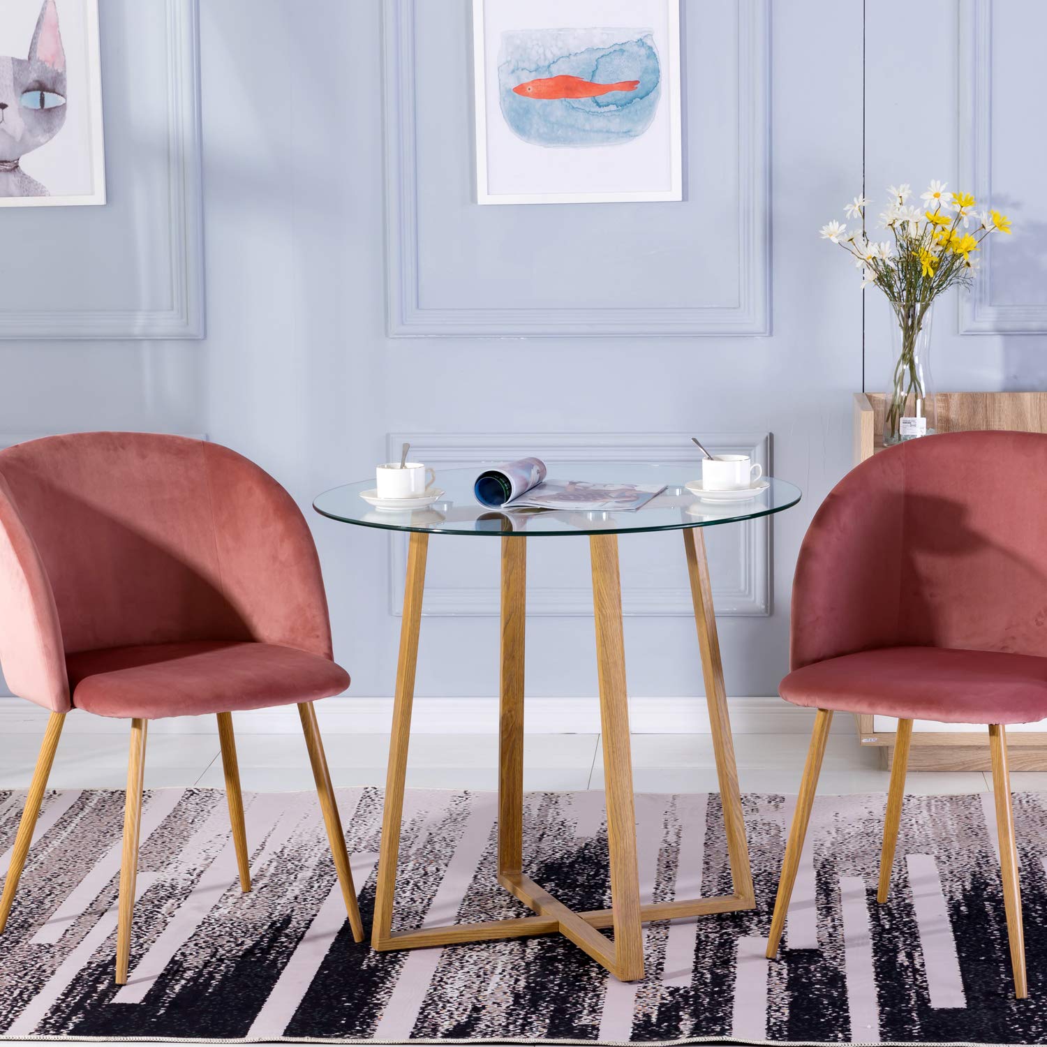 EGGREE Mesa de Cristal Redonda Mesa de Comedor Nordica Moderna, Patas de Metal Acabado de Roble, 80 x 75 cm