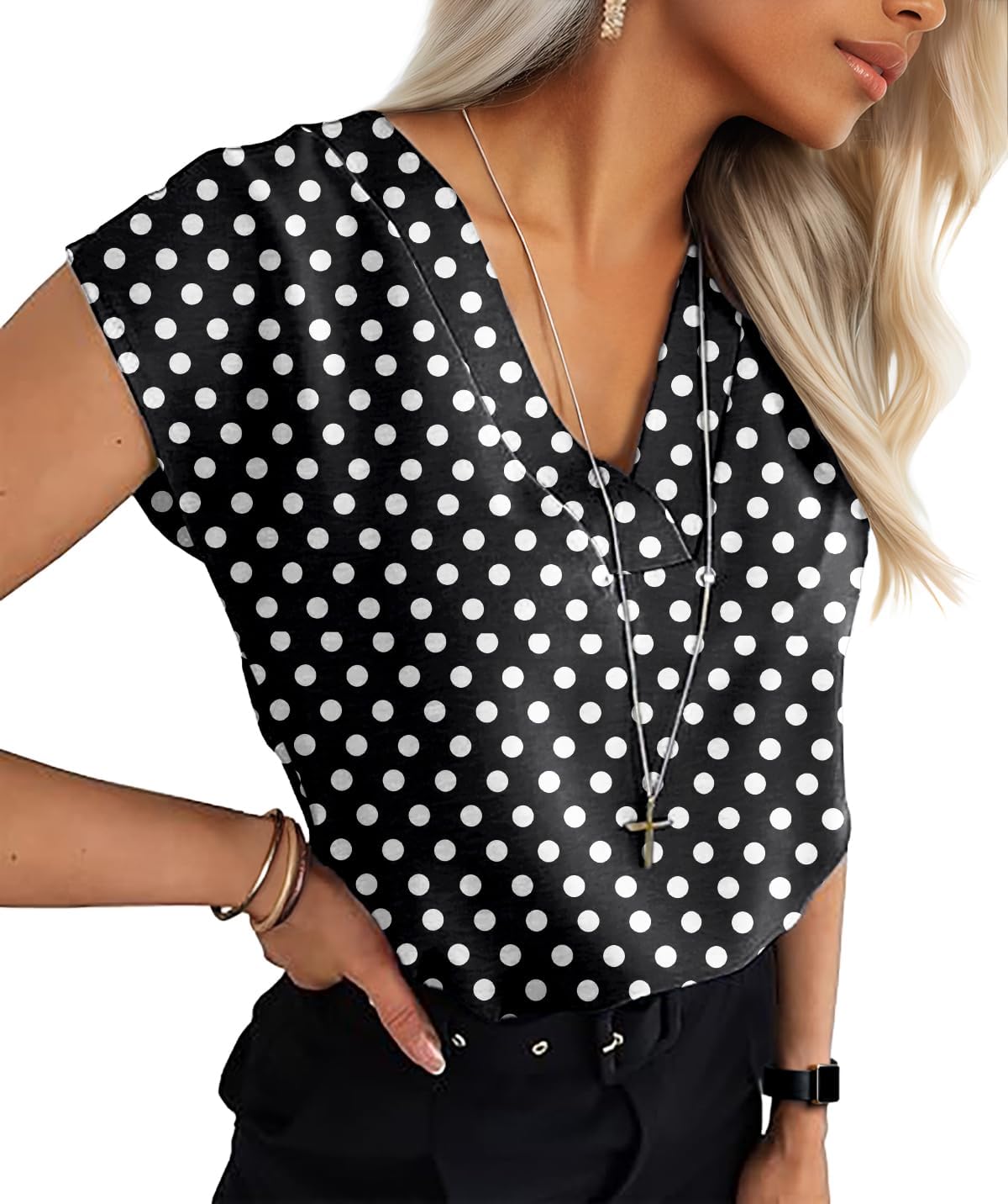 Qixing Women's V Neck Blouses Cap Sleeve Shirts Casual Loose Work Office Solid Tops — view 6