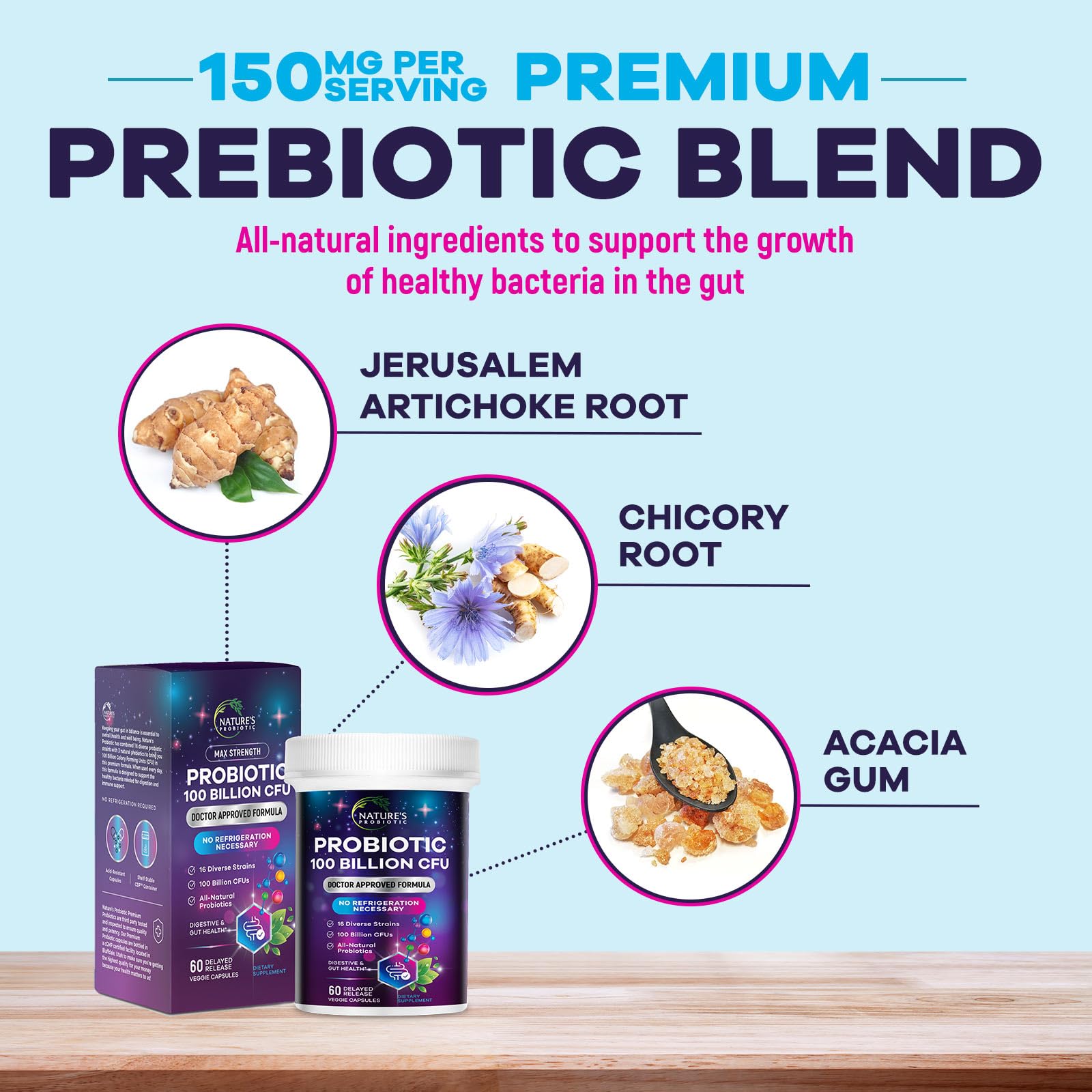Nature's Probiotic - 100 Billion CFU Per Capsule - 16 Strains + Prebiotics - Best Probiotic Supplement for Women & Men - Supports Immune, Digestive Health, Constipation & Gas - Bottled USA - 60 Count — Amazon image 6