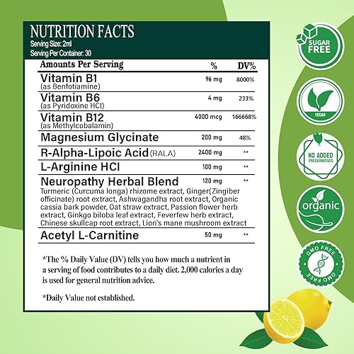 Miniatura 7 de Suplementos de neuropatía gotas líquidas, ácido R-alfa lipoico estabilizado avanzado 17 en 1 (R-ALA) con acetil L-carnitina vitamina complejo B