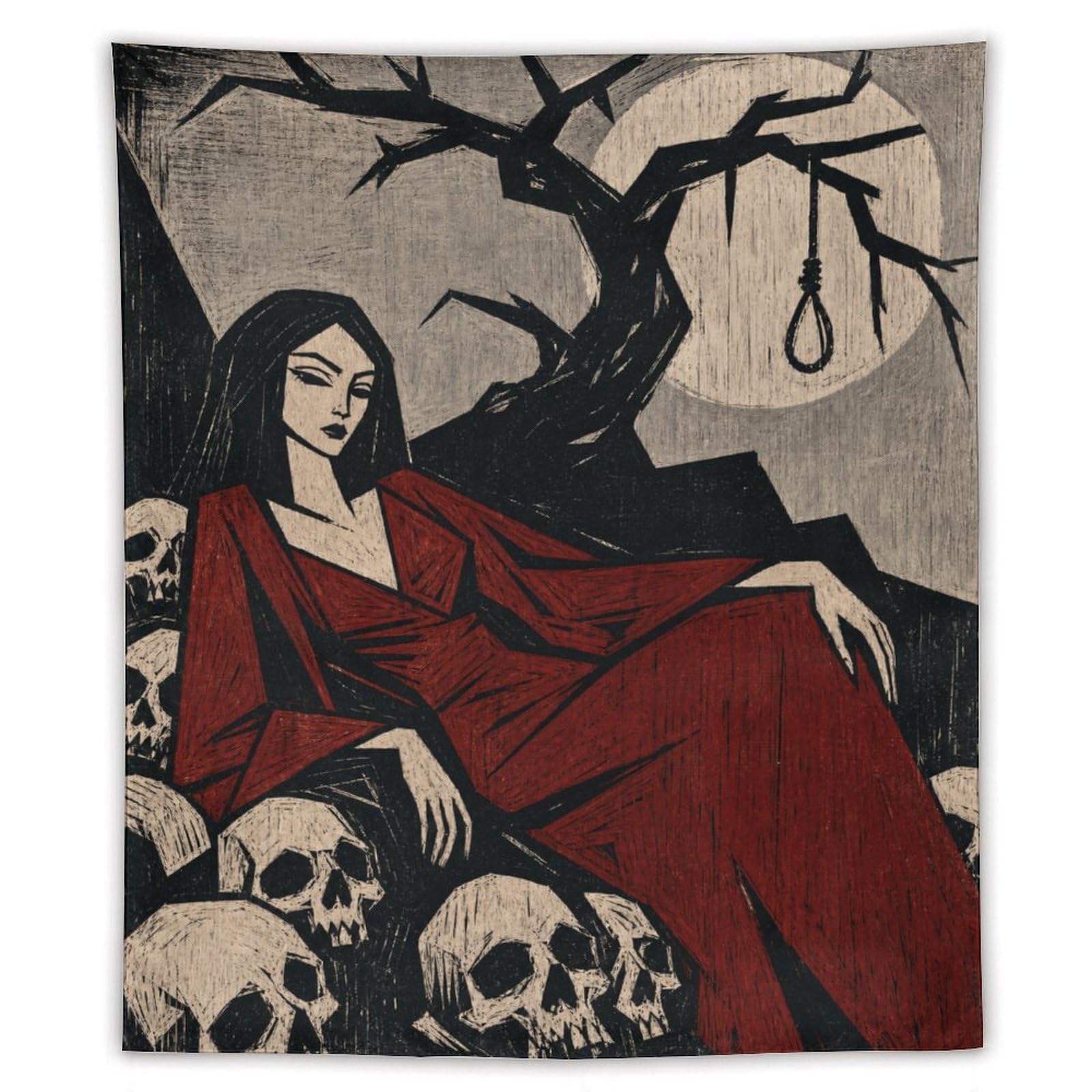 W7C8U2X3 Woman in Red Kimono with Skulls Wall Tapestry, Ukiyo-e, Entryway