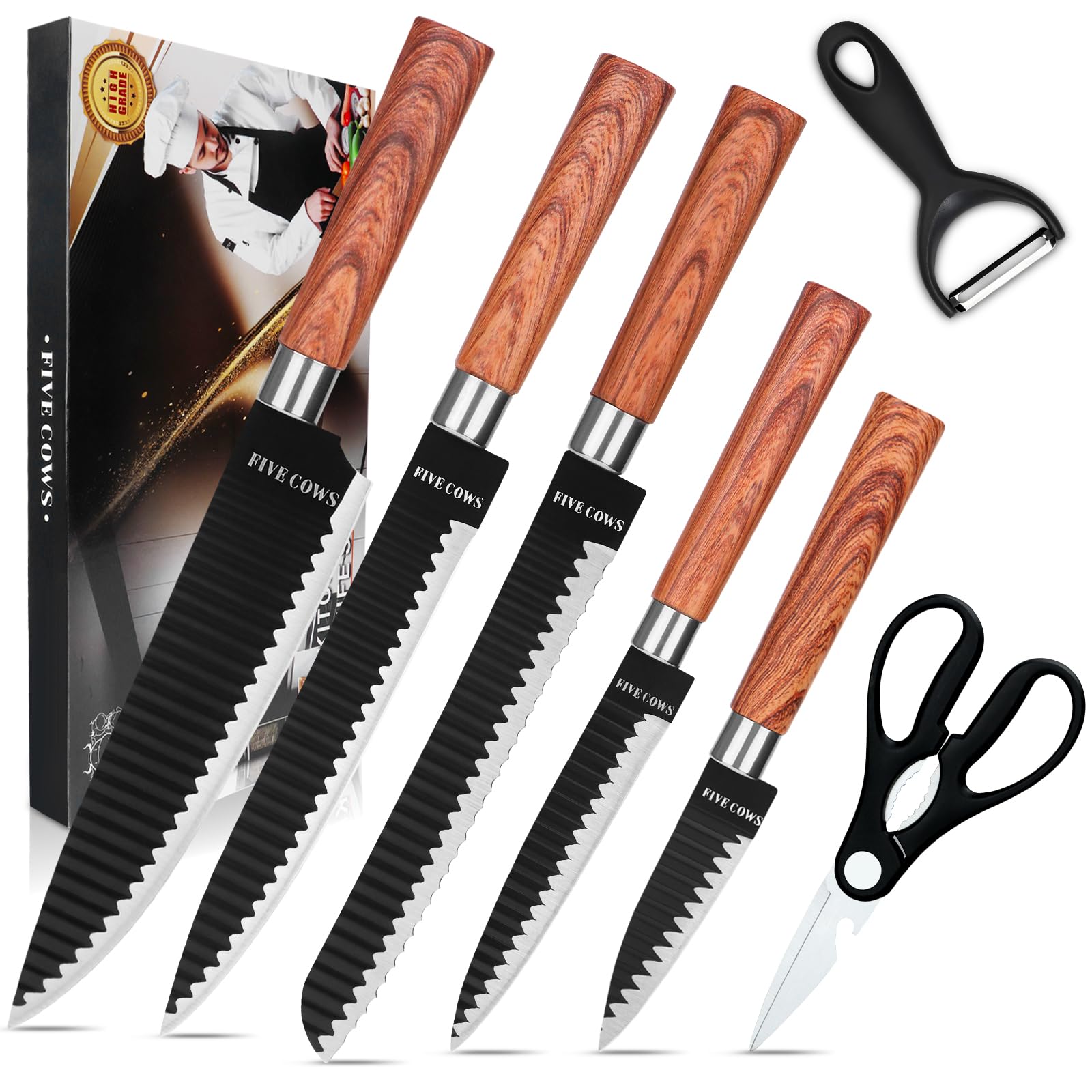 5層構造 高級調理鍋 Five King Chef 2点セット Amazon.com: FIVE COWS Chef Knife Ultra Sharp Kitchen Knife Set 7