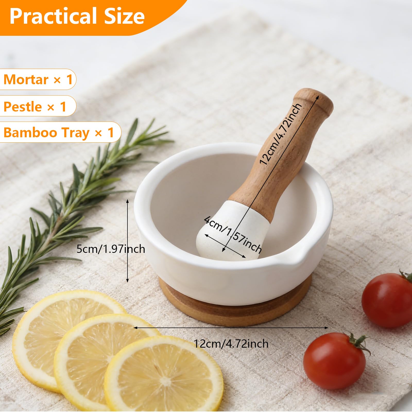 Keramik-Mörser und Stößel mit Bambusunterlage – 12 cm Durchmesser Langlebige Gewürz- und Kräutermühle für Pfeffer, Vanille, Meersalz