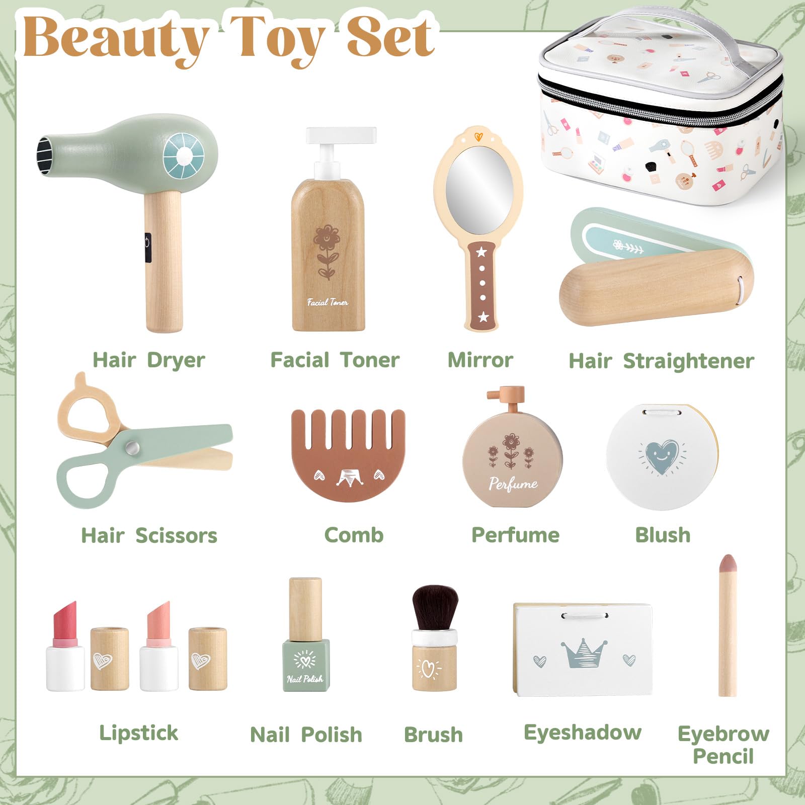GAGAKU Set di trucchi in legno per ragazze dai 3 anni in su, con accessori realistici come rossetto e specchio, perfetto per bambini