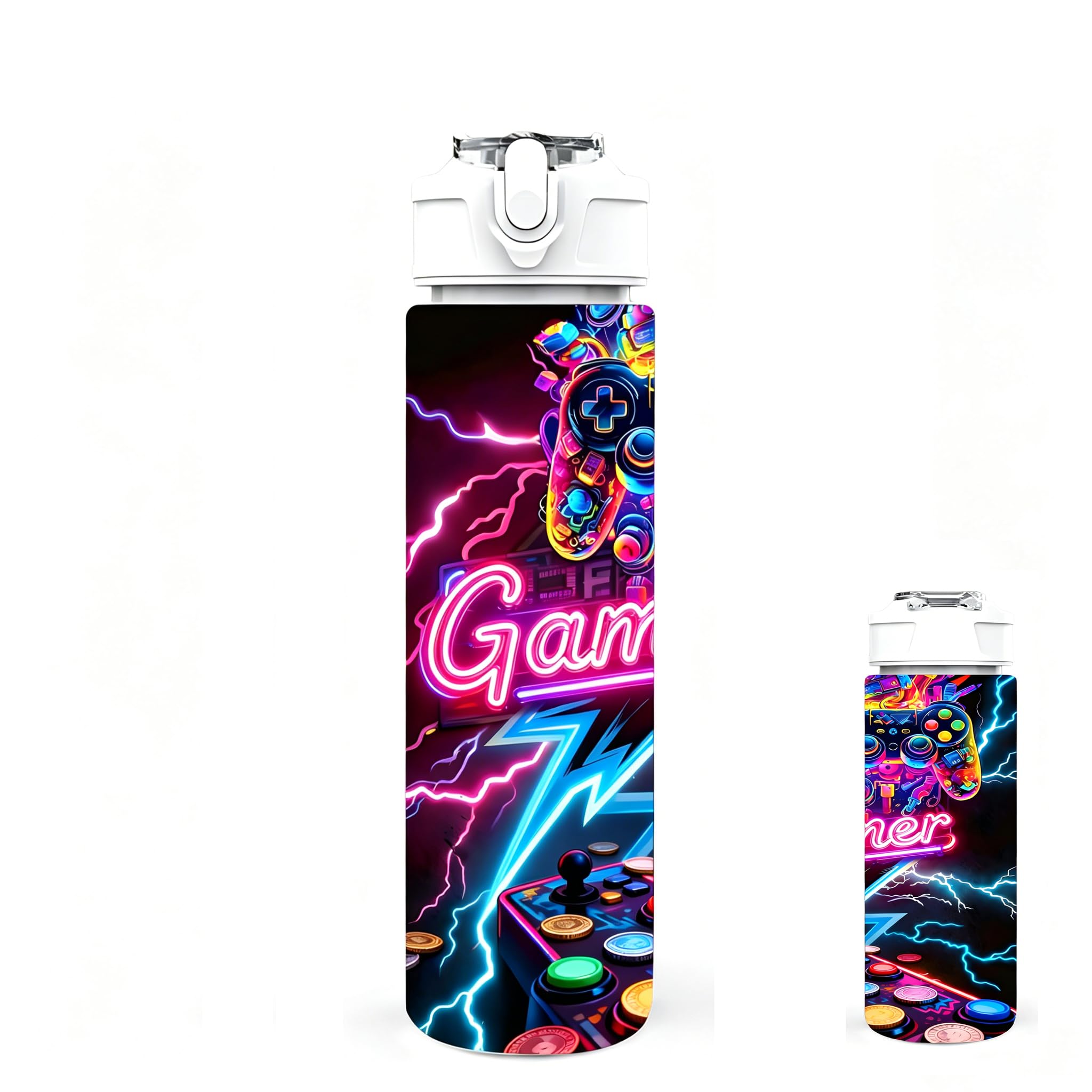 Zetrifoep Gamer Water Bottle with Straw, 750ml Boys Water Bottle with One-click Flip-top & Leak-proof Lock, Reusable Drinking Bottles for School, Gym, Sport & Travel