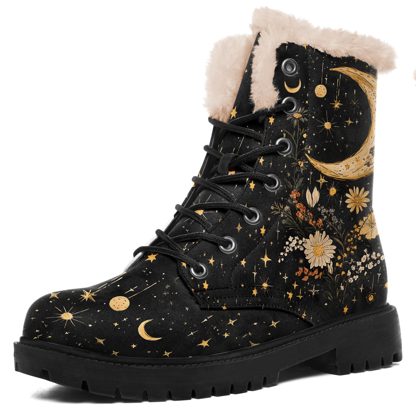 Womens Cozy Winter Boots - Floral Boho Sun Moon Fleece Lined Mid-Calf Boots Non-Slip Sole for Winter Casual