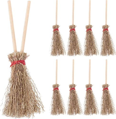 Exceart 12 piezas de mini escoba de 3.5 in, cuerda roja, escoba de mago en miniatura, accesorio decorativo para colgar decoraciones