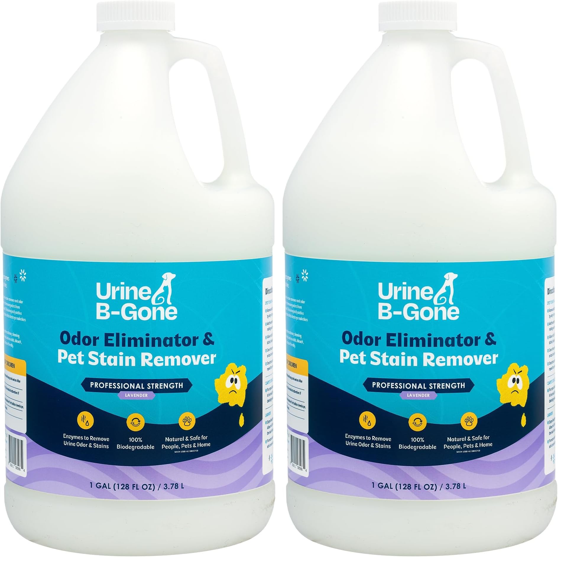 Urine B-Gone, Professional Enzyme Odor Eliminator &amp; Pet Stain Remover, Human, Cat &amp; Dog Urine Cleaner, Effective on Laundry, Carpets &amp; More, Lavender Scent, 1 Gallon (Pack of 2)