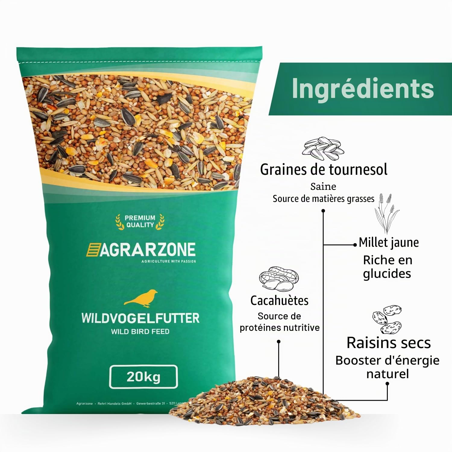 Nourriture pour Oiseaux Sauvages 20 kg - Mélange de Graines de Tournesol sans Poussière