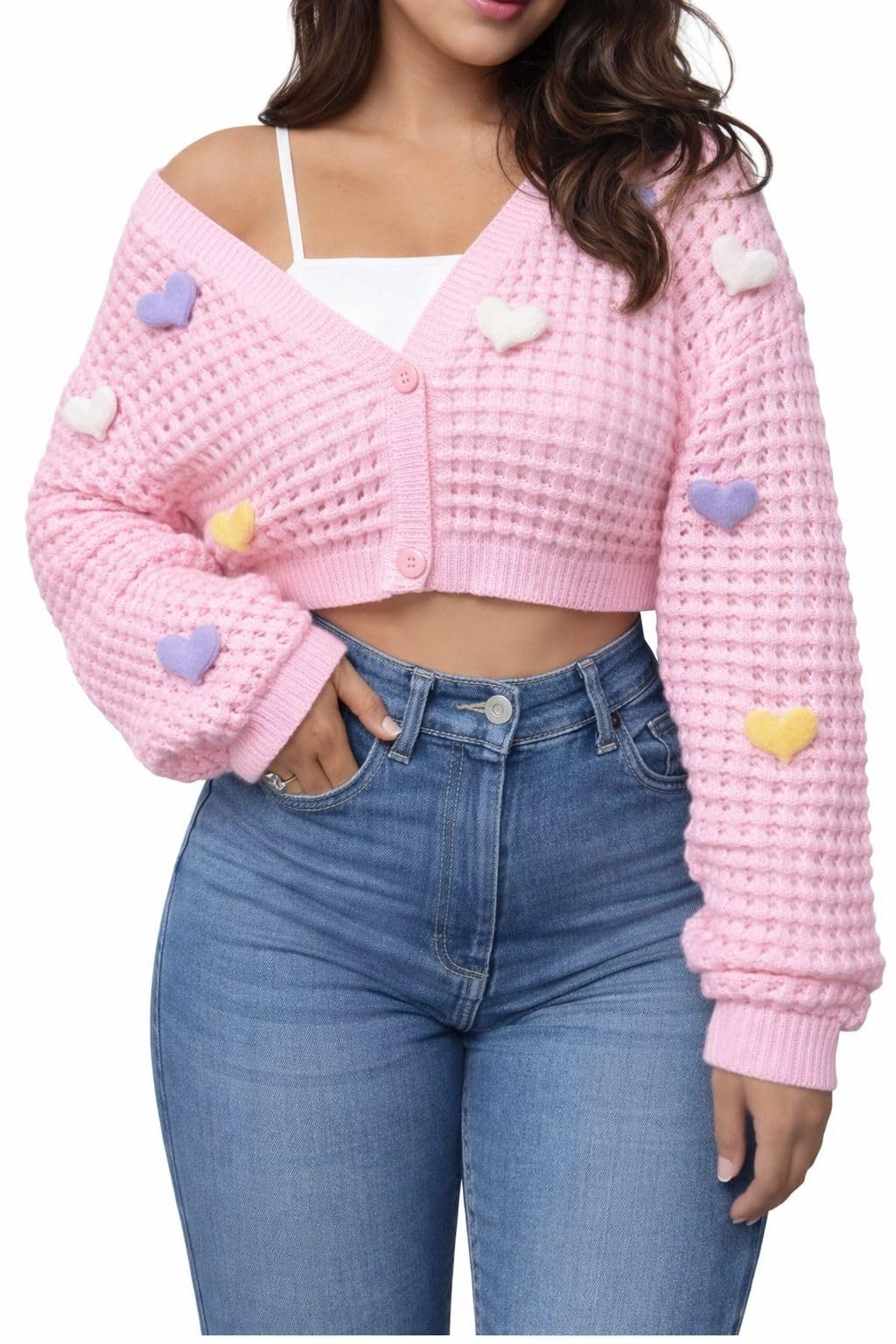 Pink Cropped Cardigan with Heart Embellishments, Waffle Knit, Button Front, Long Sleeve-image-15