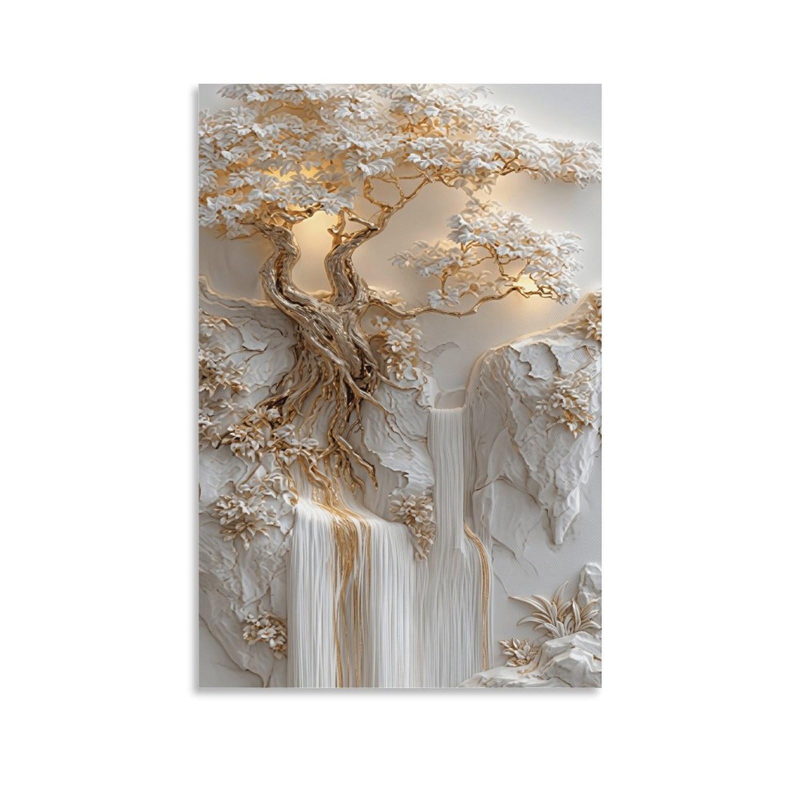 XPASHIQWC White & Gold Fortune Tree Waterfall Wall Decor Poster Canvas Prints Picture Modern Wall Art Picture Wall Hanging for Bedroom Living Room Decor 20x30inch(50x75cm)