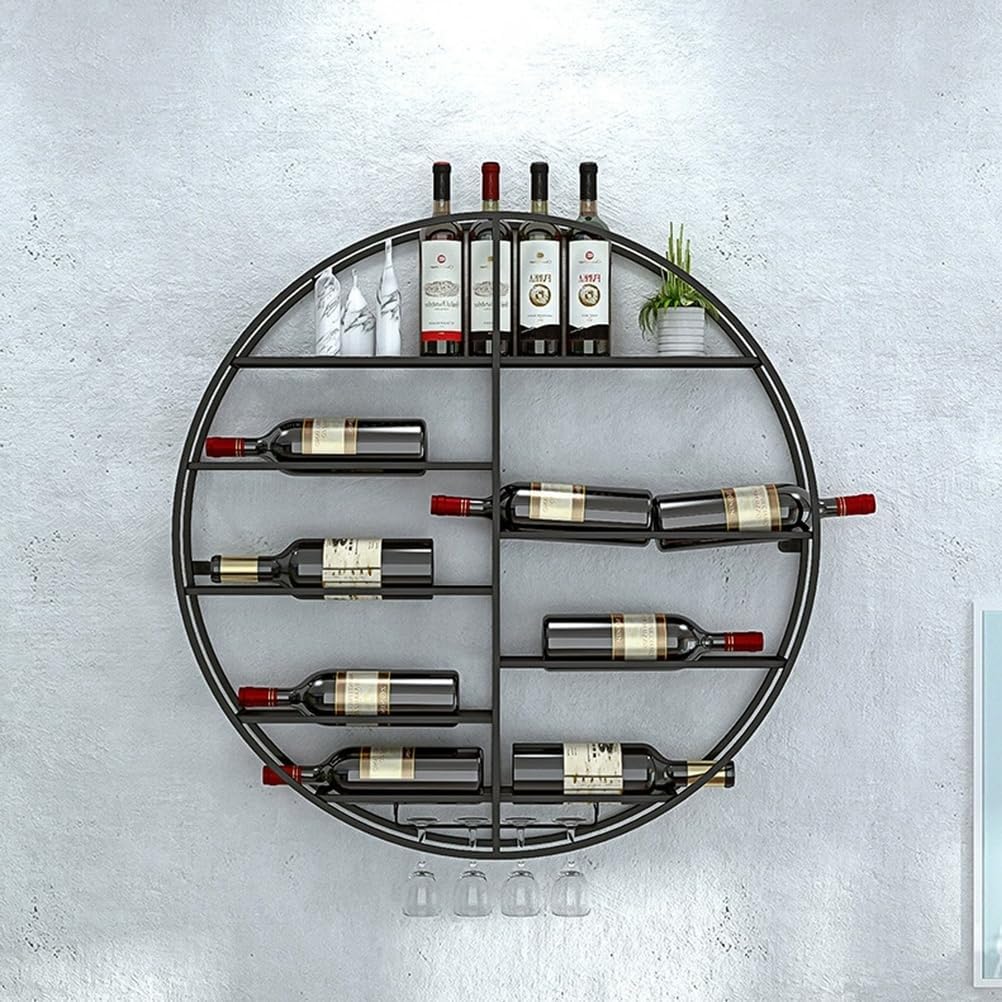 Industrial Black Wall Mounted Wine Rack 3 Tier Floating Shelves for Home Bar Kitchen & Dining Room Gold Accents Bottle Display Glass Holder 27.5"x4.3"x27.5"